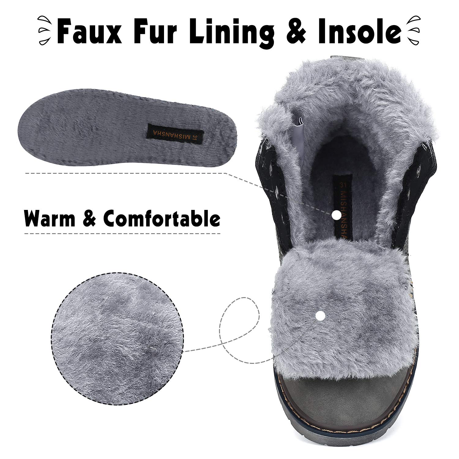 Mishansha Boy's Girl's Winter Snow Boots Waterproof Kids Hiking Boots Cold Weather Outdoor Fur Lined Warm Walking Boot Shoes Grey 12.5 Little Kid