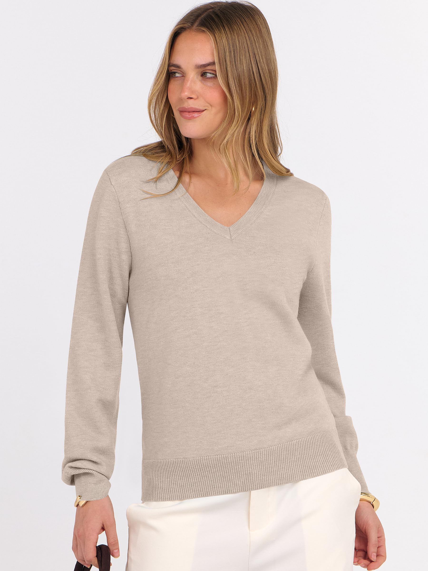 ANRABESS Womens Long Sleeve V Neck Sweaters 2025 Fall Casual Classic Soft Loose Fit Basic Pullover Jumper Top Almond Medium