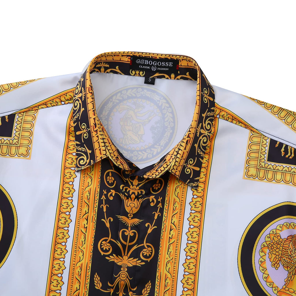 GSBOGOSSE Men Gold Fashion Luxury Printed Satin Long Sleeve Button-Down Shirts Flashy Retro Gorgeous Design Party Gift Shirt