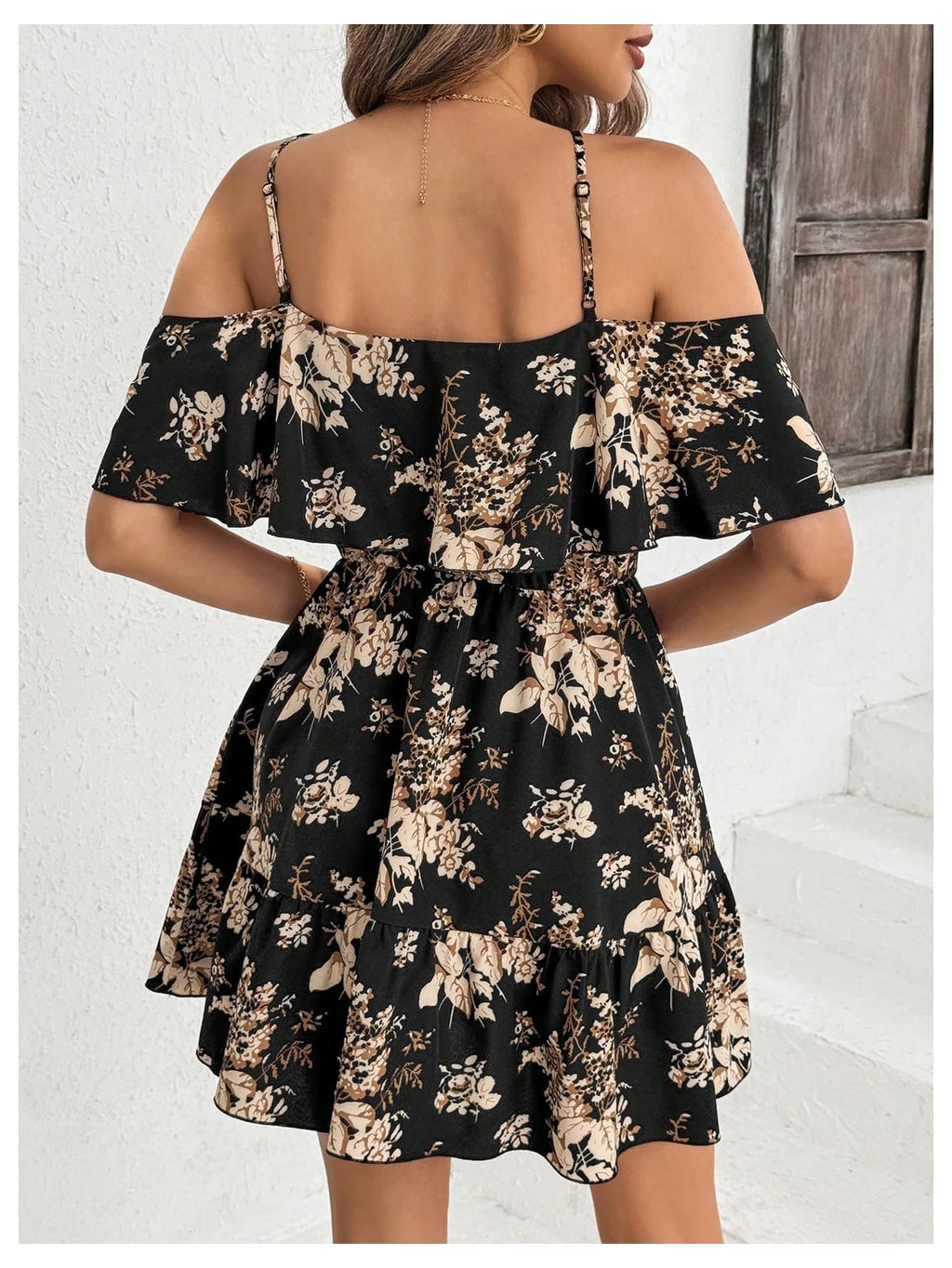 SOLY HUX Women's Boho Floral Print Cold Shoulder Dress Short Sleeve Ruffle A Line Vacation Elegant Mini Dresses Black Medium