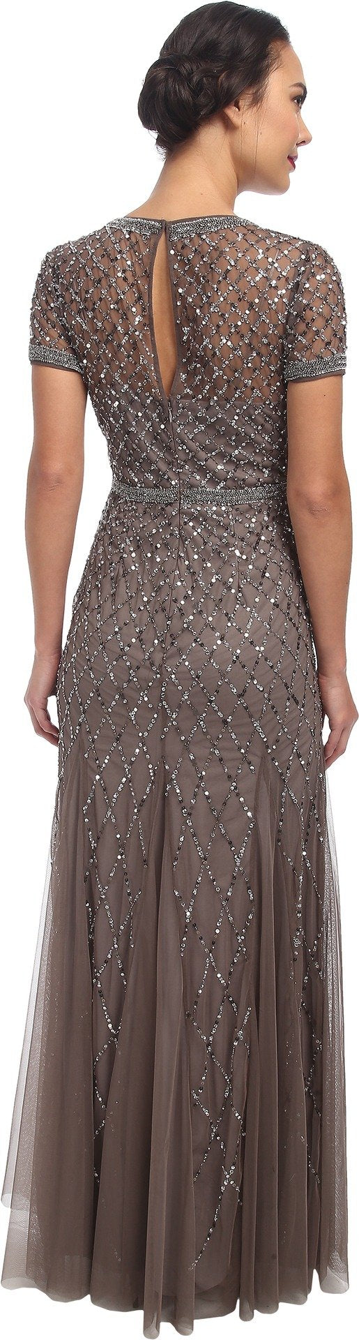 Adrianna Papell Women's Short Sleeve Beaded Mesh Gown, Lead, 4
