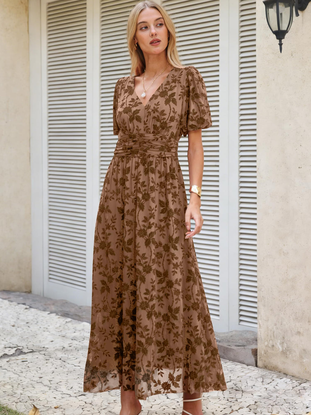 ANRABESS Women’s Floral Maxi Formal Dress Summer Mesh Short Sleeve V Neck Empire Waist Wedding Guest Party Dresses Coffee X-Large