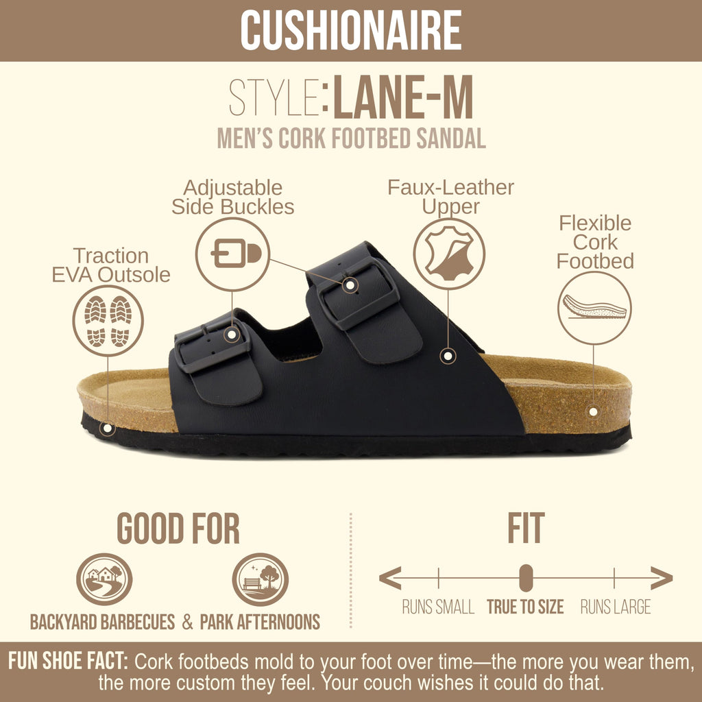 CUSHIONAIRE Lane Cork Footbed Mens Sandals, Adjustable Buckle Comfort Slides for Men, Genuine Leather Insole Summer Sandals Men Footwear, BLACK 10