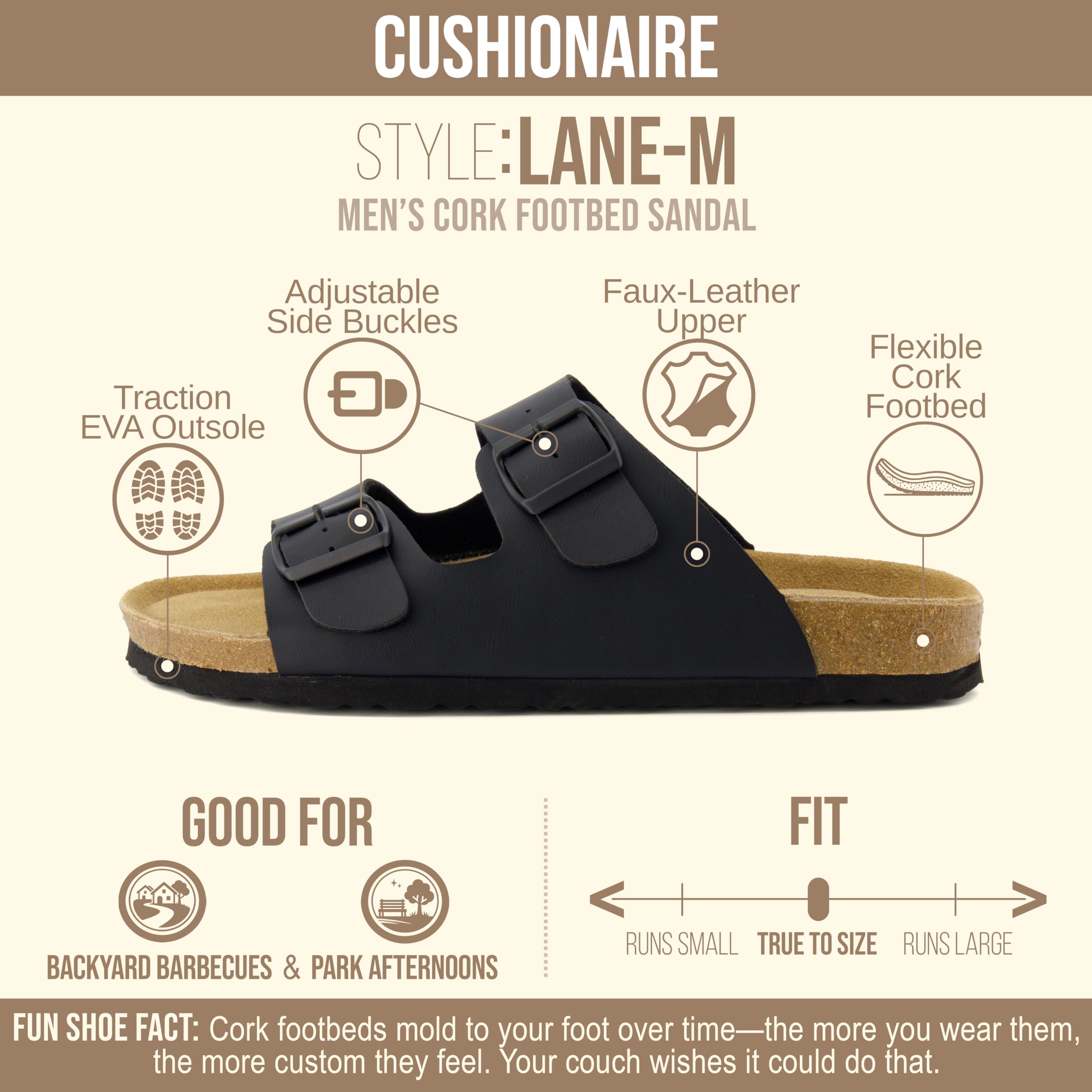 CUSHIONAIRE Lane Cork Footbed Mens Sandals, Adjustable Buckle Comfort Slides for Men, Genuine Leather Insole Summer Sandals Men Footwear, BLACK 10