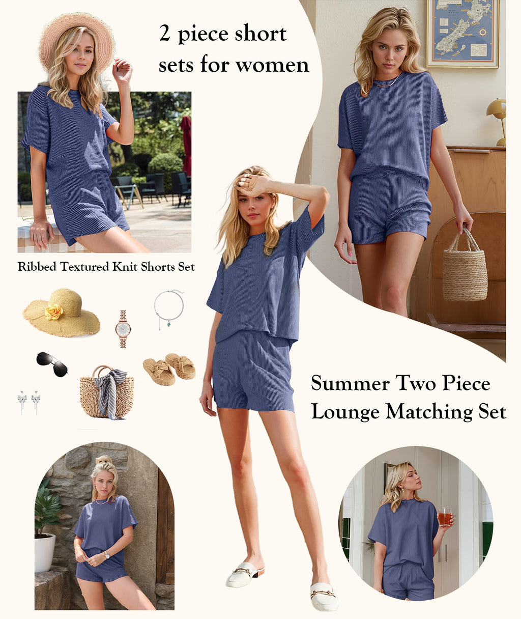 MARZXIN Women Two Piece Set with Vertical Stripes, Daily Wear Vacation Travel Airport Outings Pocket Cruise Outfits Loungewear to Street Comfy Postpartum maternity Lounge Sets Navy Blue M