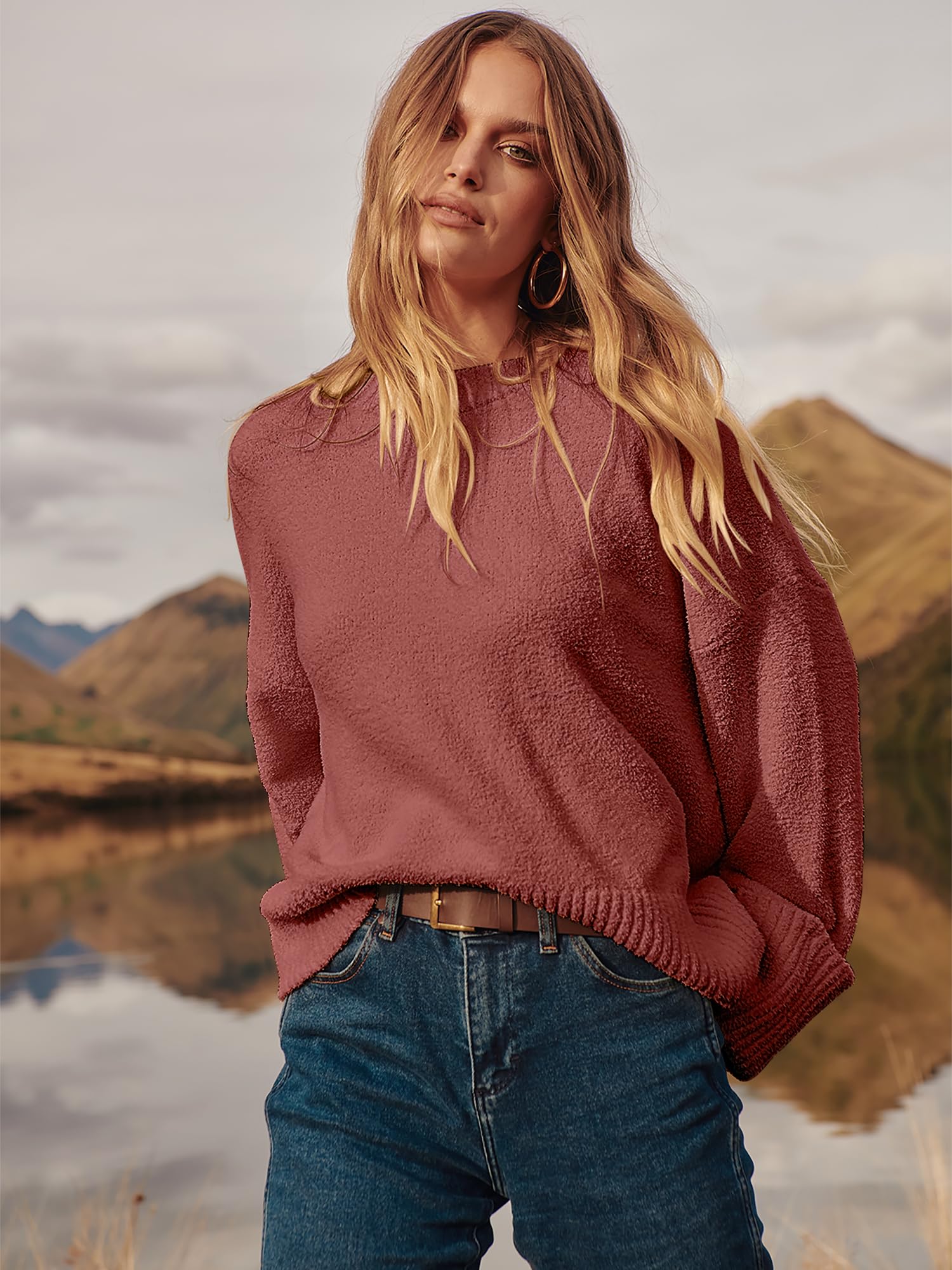 ANRABESS Women's Oversized Sweaters 2025 Long Sleeve Fuzzy Knit Casual Chunky Pullover Sweater Fall Outfits Clothes Rust - Birck Red Small