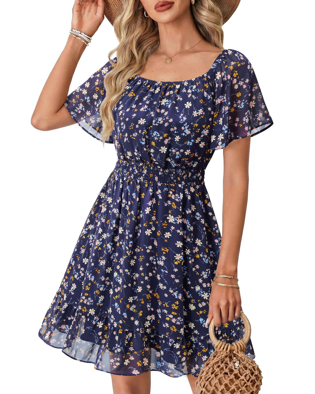 Timeson Women's Summer Dresses：Formal Casual Lightweight Flattering Floral Short Sleeve Dress for Women Busty Work Church Party — Beach Dress Boho Cute Flowy Chiffon Wedding Guest Spring Outfits M
