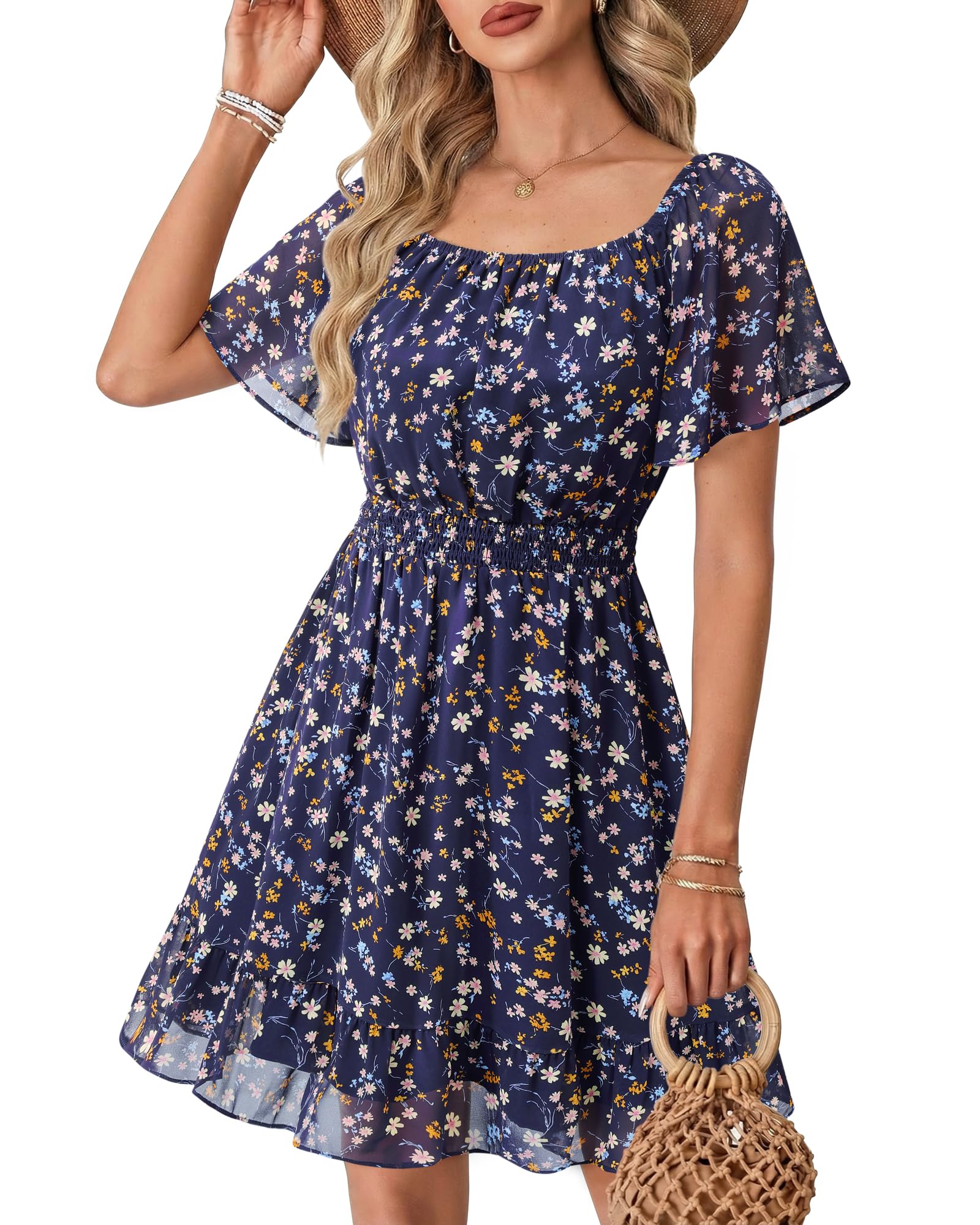 Timeson Women's Summer Dresses：Formal Casual Lightweight Flattering Floral Short Sleeve Dress for Women Busty Work Church Party — Beach Dress Boho Cute Flowy Chiffon Wedding Guest Spring Outfits M