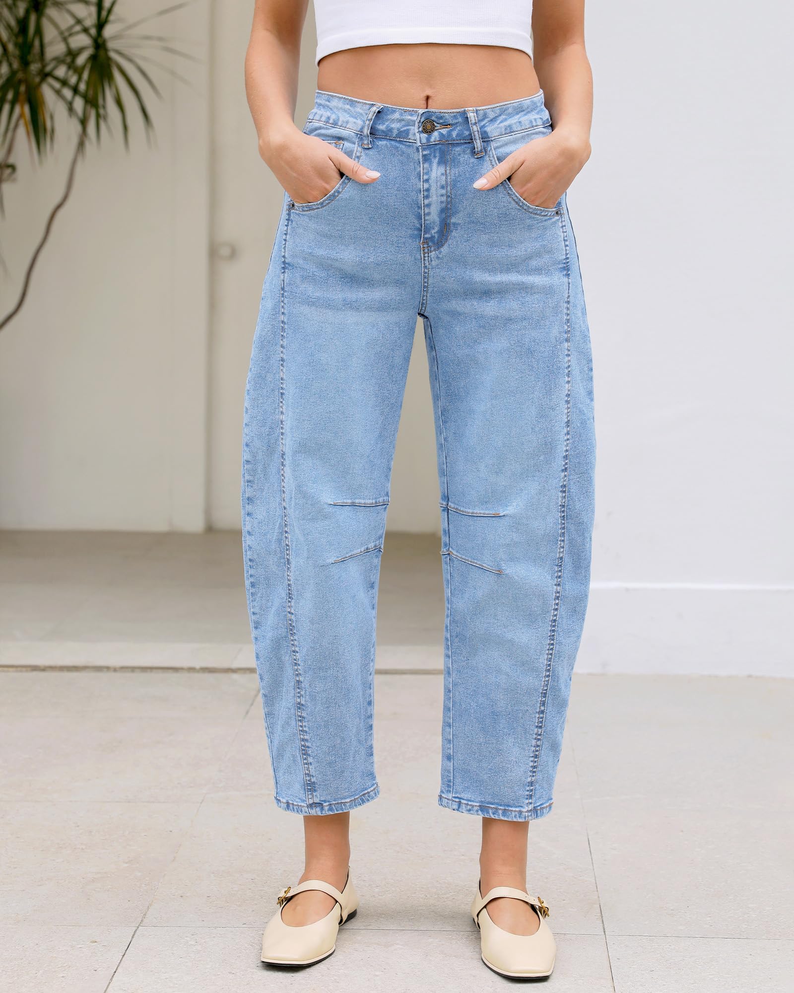 LookbookStore Stretch Jeans for Women High Waist Plus Size Barrel Jeans Women Roadnight Blue Size XL Size 16 18