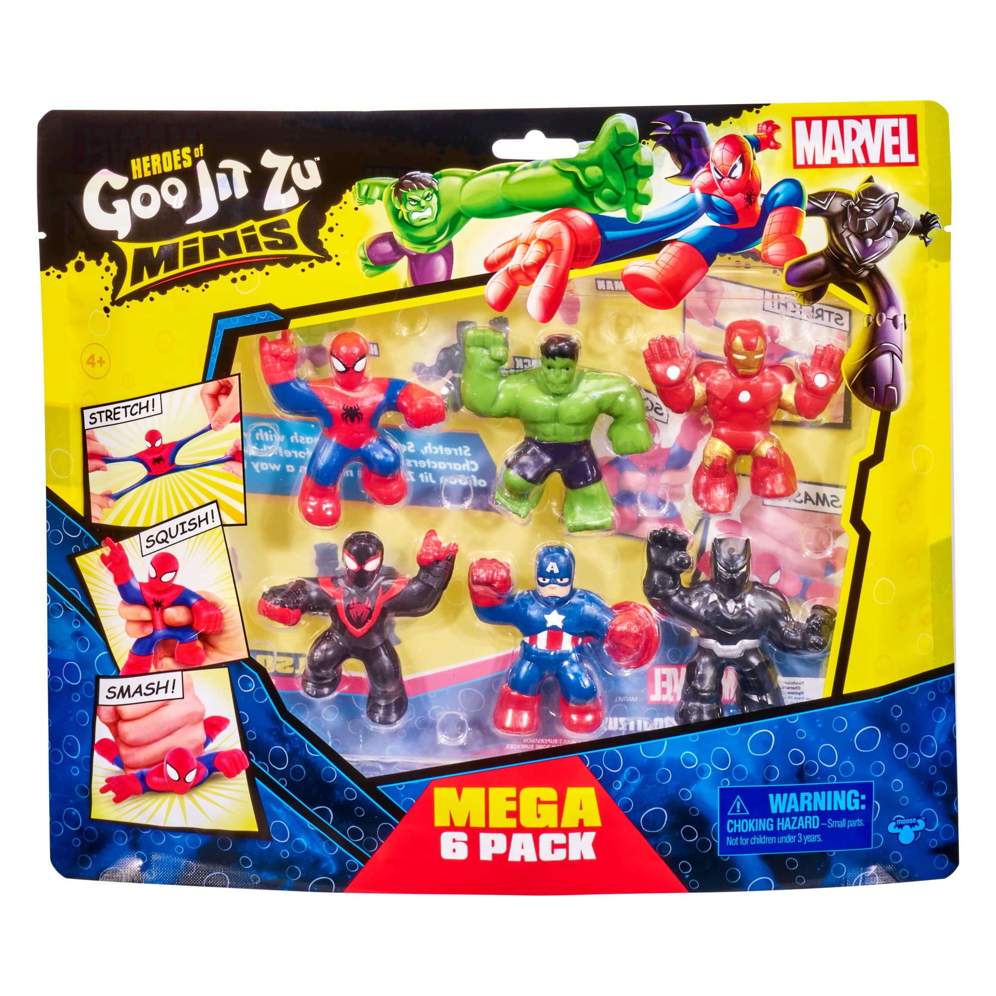 Heroes of Goo Jit Zu Marvel Mega Mini 6 Pack - Superhero Toys, Squishy, Stretchy, Gooey Mini Heroes - Ironman, Spider-Man, Captain America, Miles Morales, Hulk and Black Panther