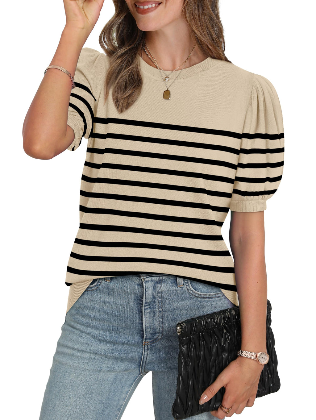 WIHOLL Womens Summer Tops Trendy Puff Short Sleeve Shirts Lightweight Knitted Blouses Spring Summer Business Casual Outfits Womens Clothes Dressy Casual Tshirts 2026 Sweaters Black Striped Shirts L
