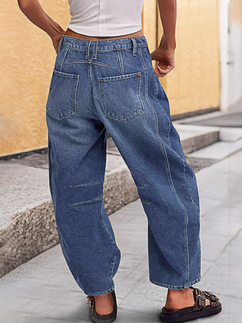 Flamingals Barrel Leg Jeans for Women Mid Waist Casual Baggy Boyfriend Stitch Detail Denim Jeans Dark Blue M