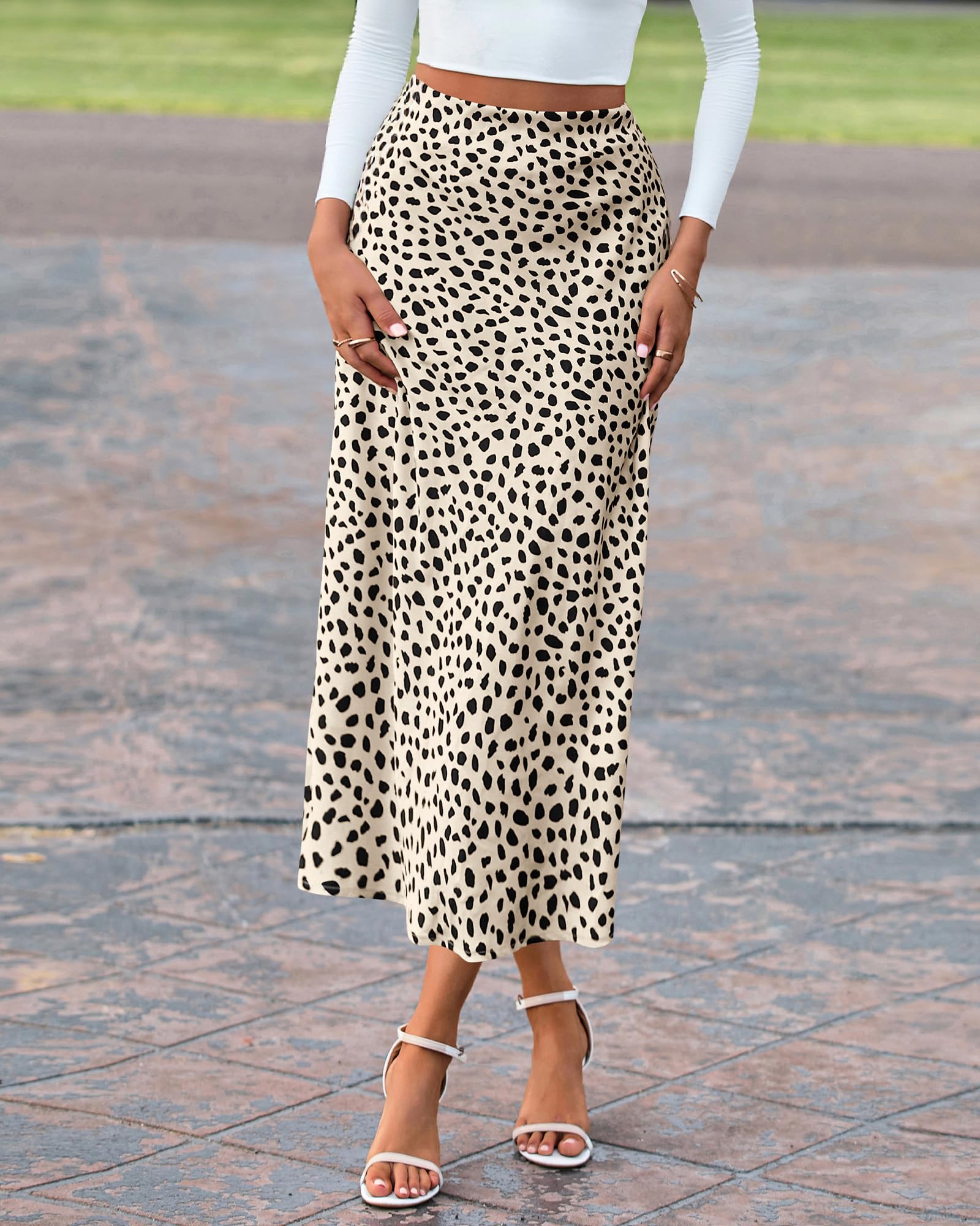 BTFBM Satin Skirts for Women Trendy Spring Summer 2026 High Waisted Leopard Print Cocktail Wedding Long Silk Midi Skirt(Dot Apricot Black, Small)