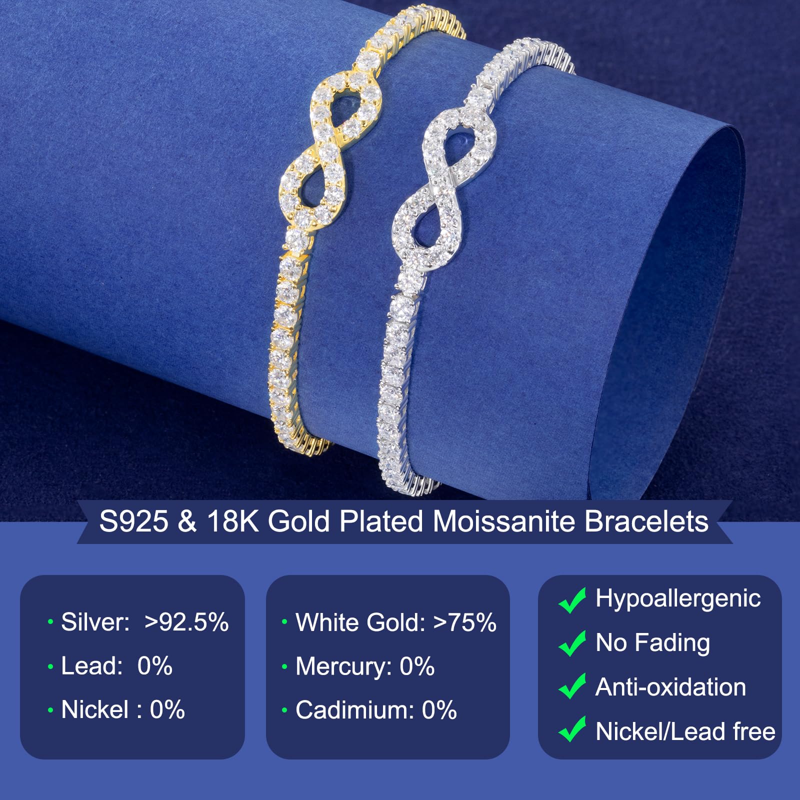 Moissanite Infinity Bracelet, Lab Created Diamond Bracelets for Women, S925 Sterling Silver, 3MM Width, 4-9.5inches, 18K Gold Vermeil Adjustable Tennis Bracelets - Mothers Day Gifts For Mom Wife Her