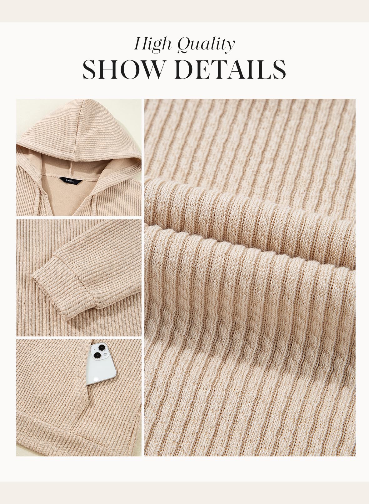 Dokotoo Womens Fall Fashion 2025 Oversized Sweatshirt for Women Ribbed Knit Long Sleeve Drawstring V Neck Hoodies Cute Ladies Sweaters Pullover Sweatshirts Tunic Tops and Blouses Apricot Medium
