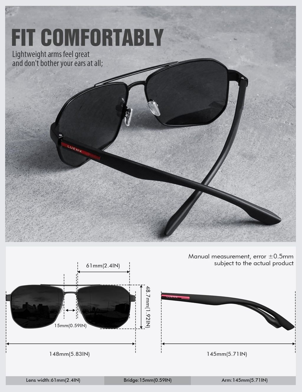 LUENX Aviator Sunglasses for Men Square Polarized Polygon Lens - UV 400 Protection with Accessories Driving Outdoor 61MM Black Lens
