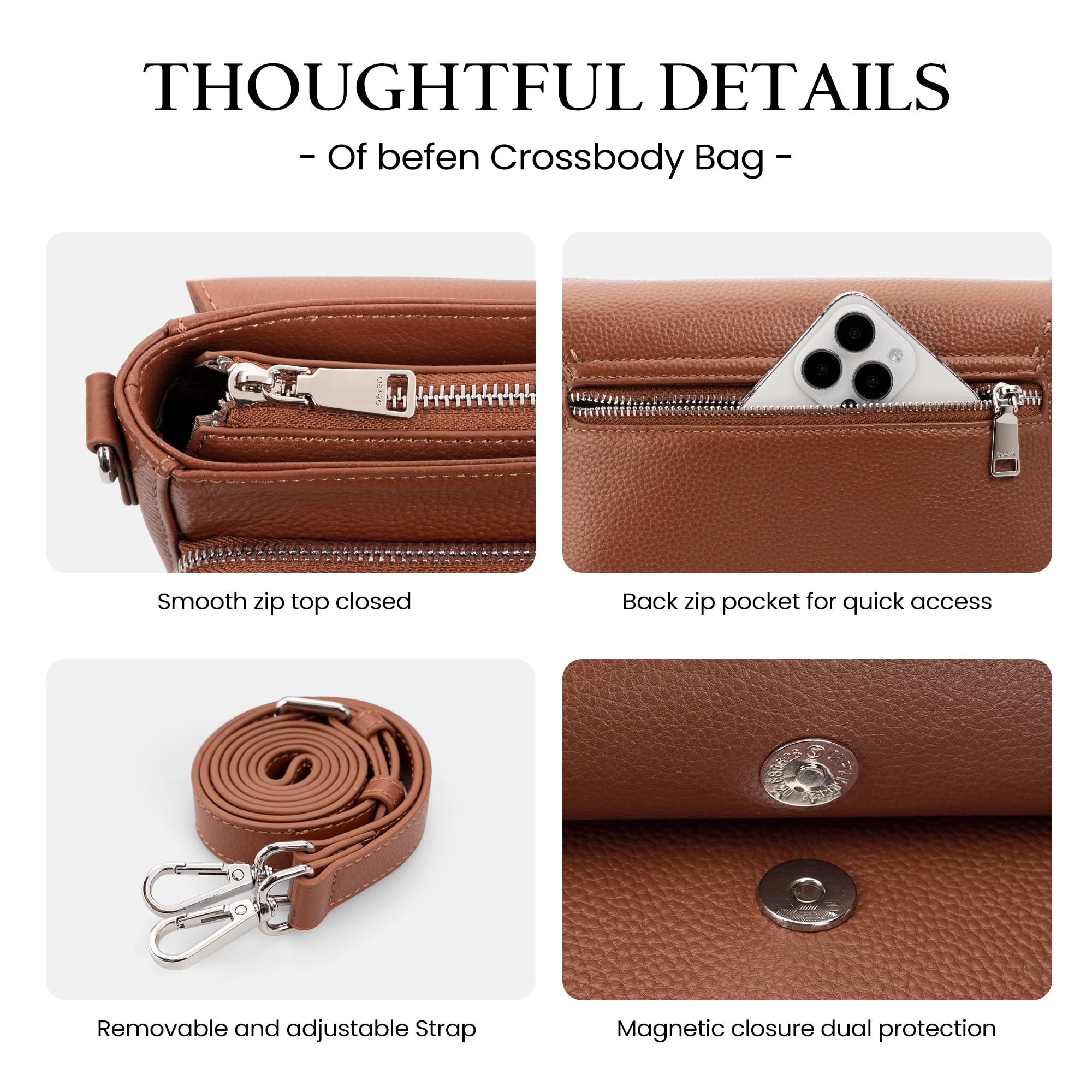 befen Genuine Leather Purses for Women Brown RFID Crossbody Bag for Travel Soft Medium Crossbody Wallet Trandy Leather Purse with Built in Wallet Womens Shoulder Handbag with Adjustable Strap