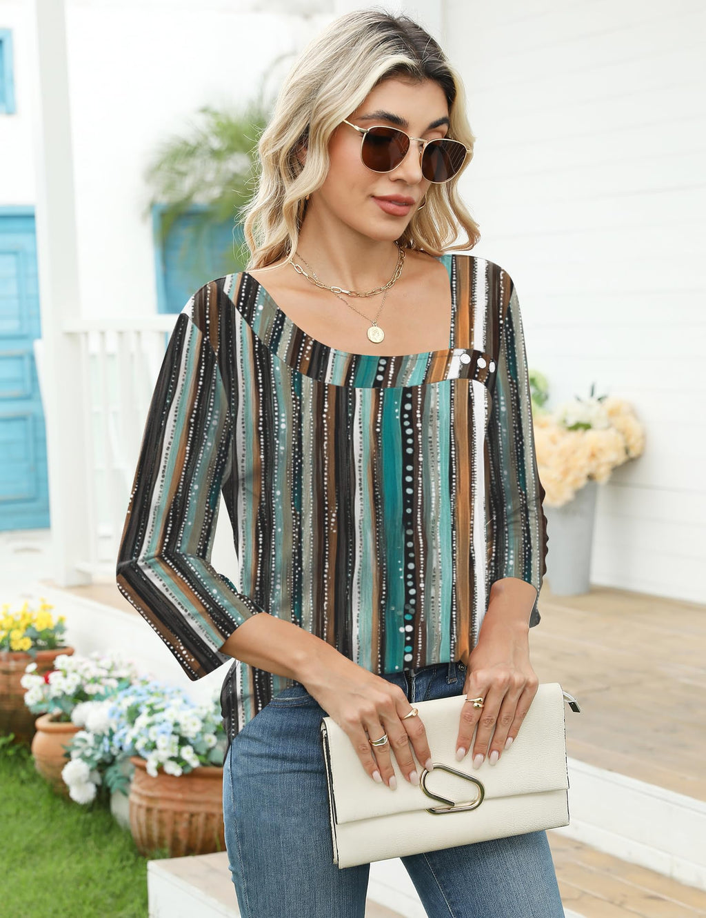 LOMON Spring Tops for Women 2026 Trendy 3/4 Length Womens T Shirts Square Neck Cotton Summer Clothes M