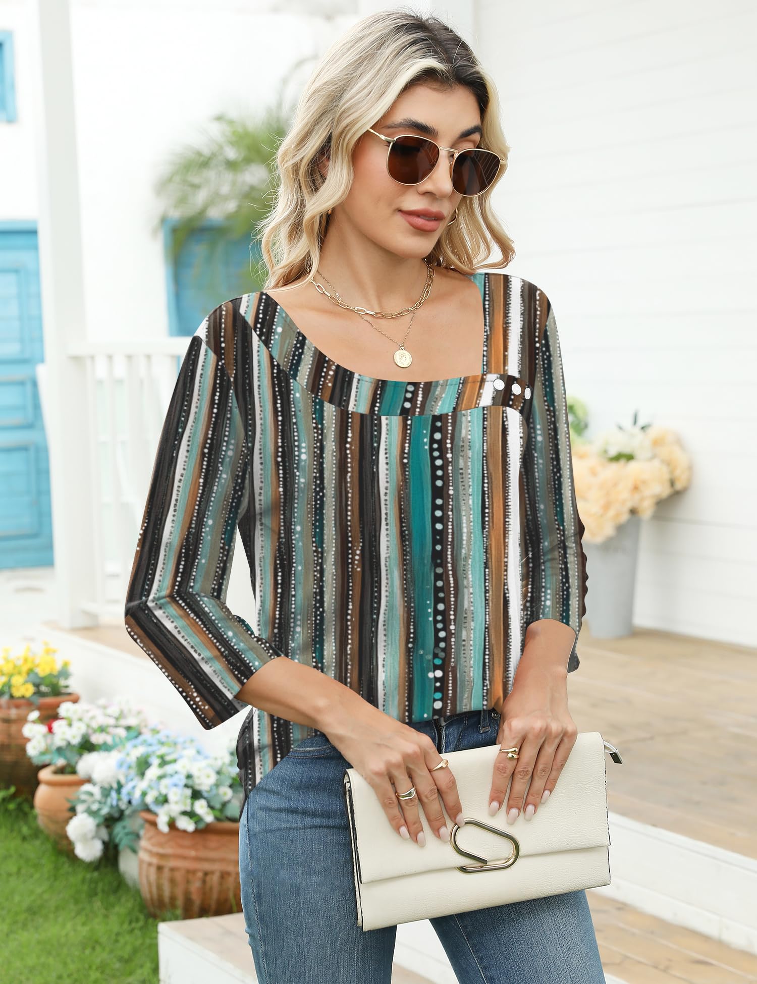 LOMON Spring Tops for Women 2026 Trendy 3/4 Length Womens T Shirts Square Neck Cotton Summer Clothes M