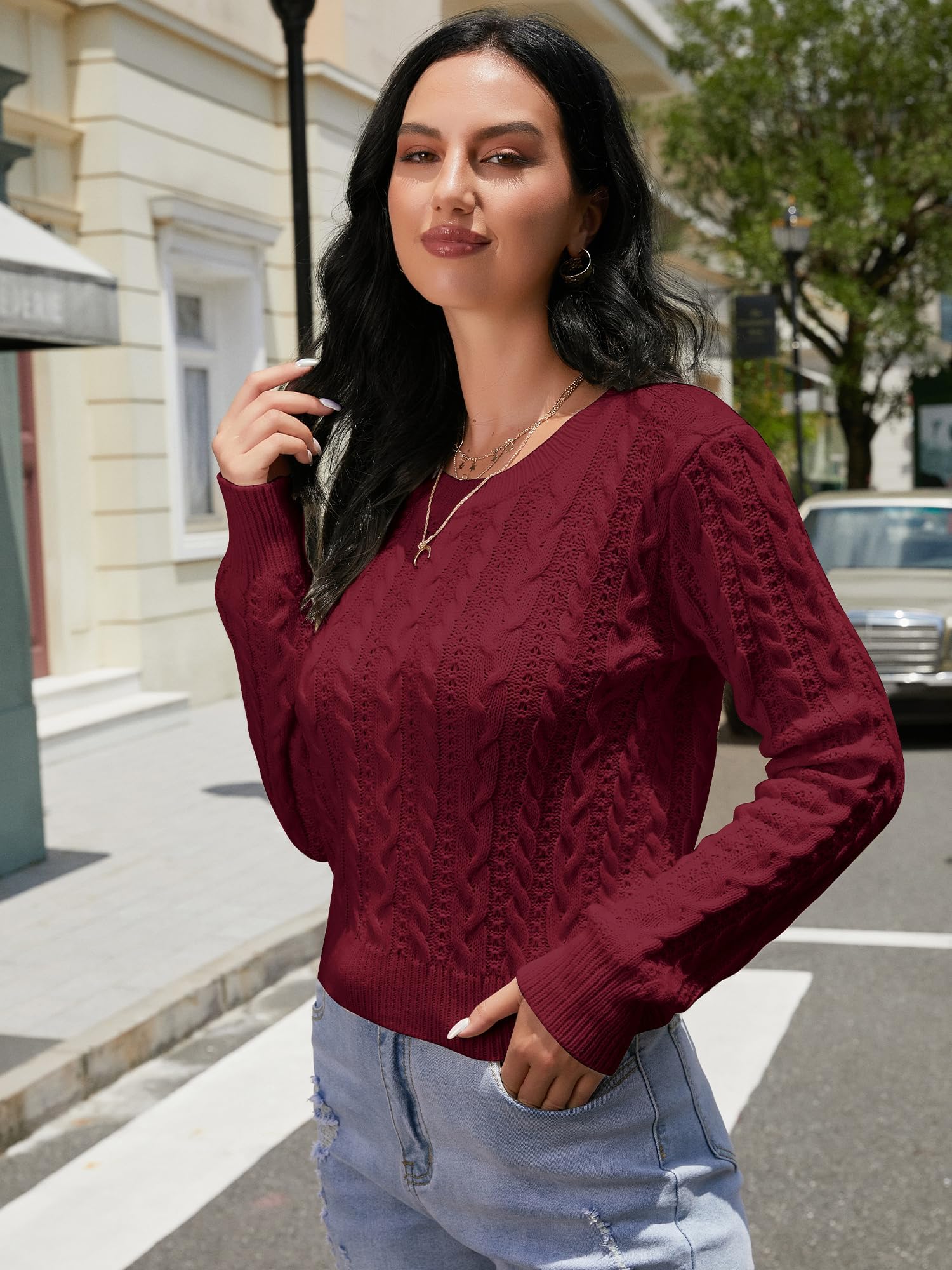 ZAFUL Women's Cable Cropped Long Sleeve Sweater Crewneck Pullover Knit Jumper Top (1-Red Wine, L)