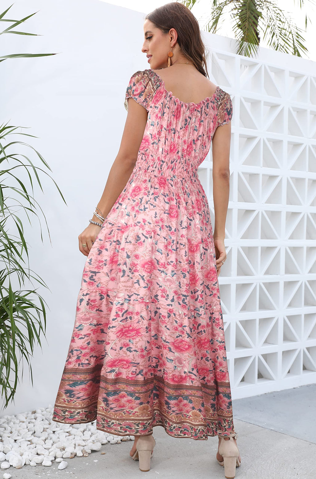 OSTOO Women's 2026 Summer Short Sleeves Boho Floral Print Tiered Casual Flowy Long Maxi Dress(Pink,M)