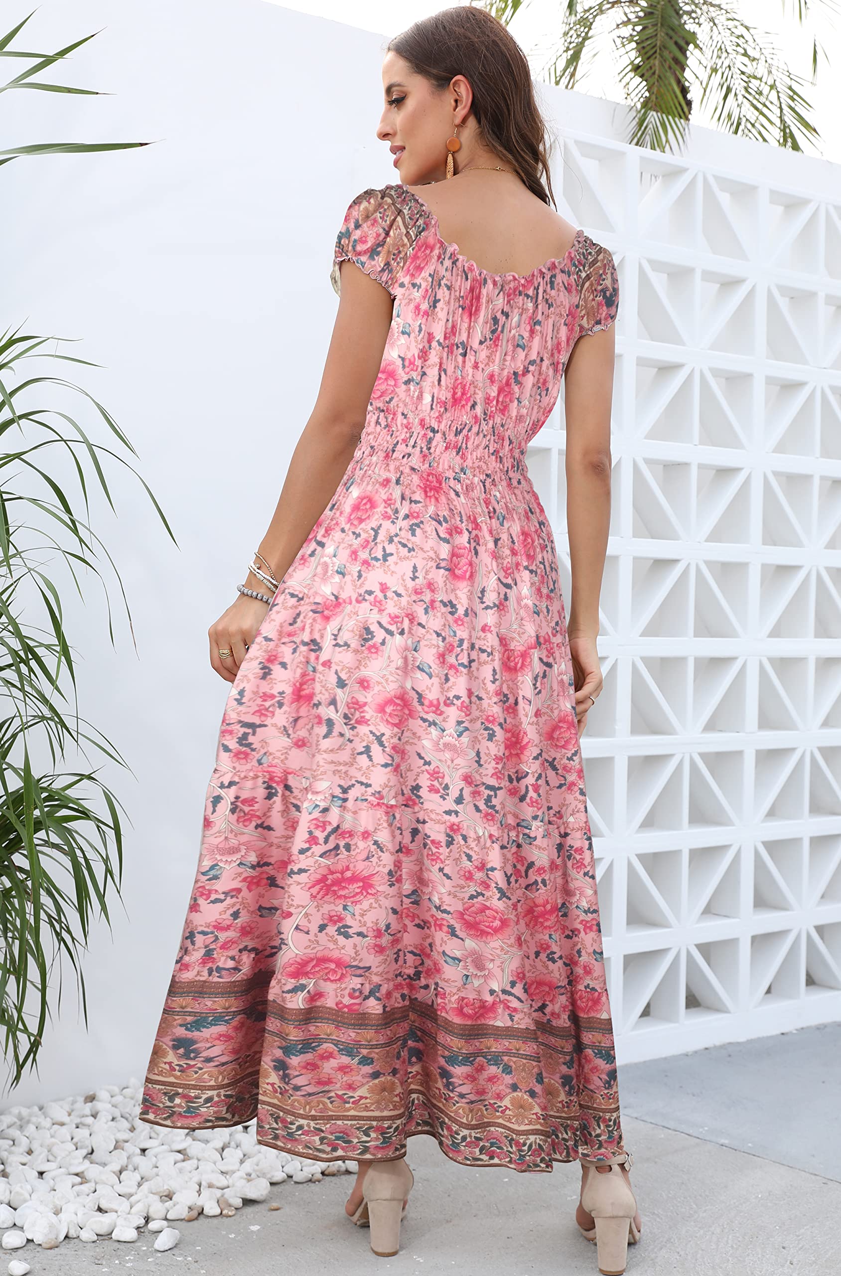 OSTOO Women's 2026 Summer Short Sleeves Boho Floral Print Tiered Casual Flowy Long Maxi Dress(Pink,M)