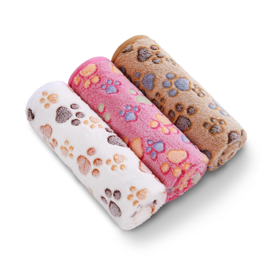 Luciphia 1 Pack 3 Blankets Super Soft Fluffy Premium Fleece Pet Blanket Flannel Throw for Dog Puppy Cat Paw Brown/Pink/White Small(23x16 inch)