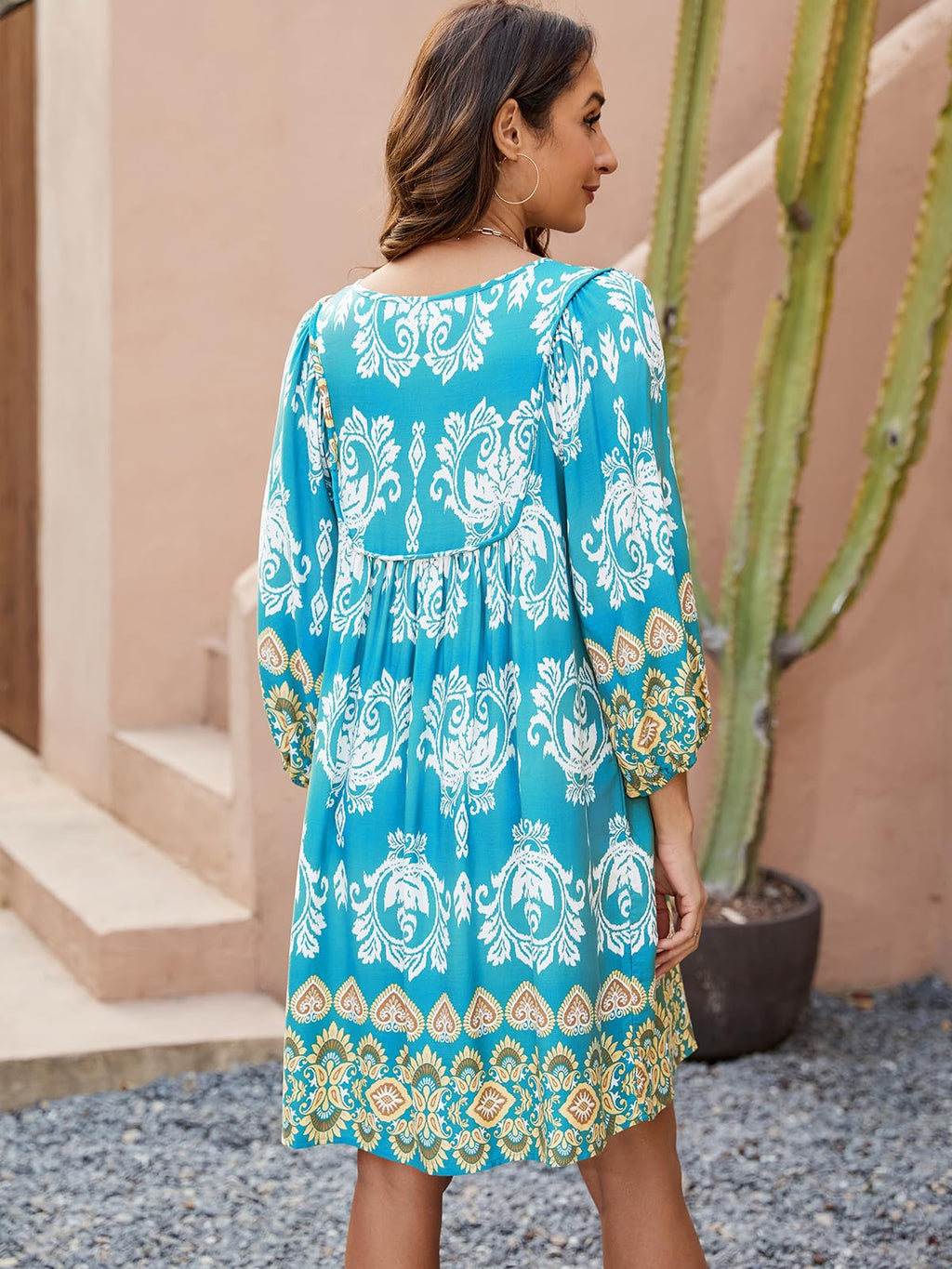 Qearal Loose Dress for Women Spring Summer Cute Floral Dress Casual Boho 3/4 Sleeve Fall Dresses Lake Blue XL