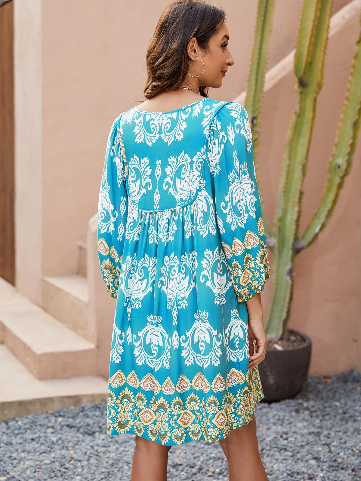 Qearal Loose Dress for Women Spring Summer Cute Floral Dress Casual Boho 3/4 Sleeve Fall Dresses Lake Blue XL