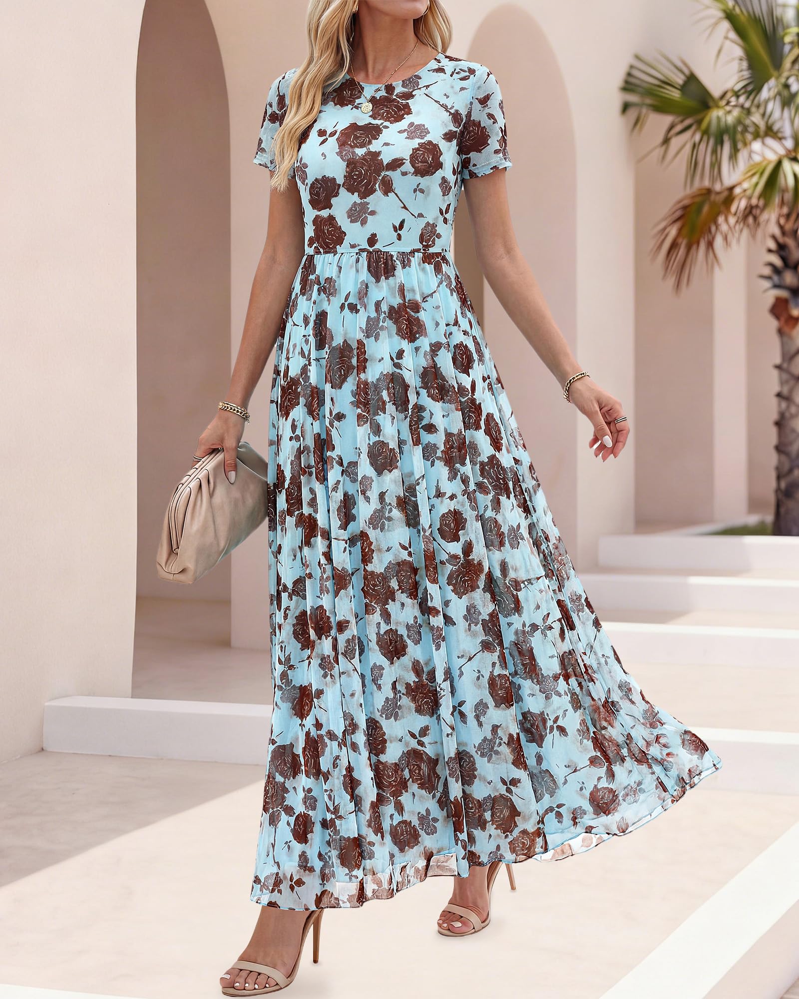 BTFBM Summer Dresses for Women 2026 Formal Short Sleeve Floral Homecoming Dress Maxi Wedding Guest Vacation Outfits(Floral Blue Brown,Large)