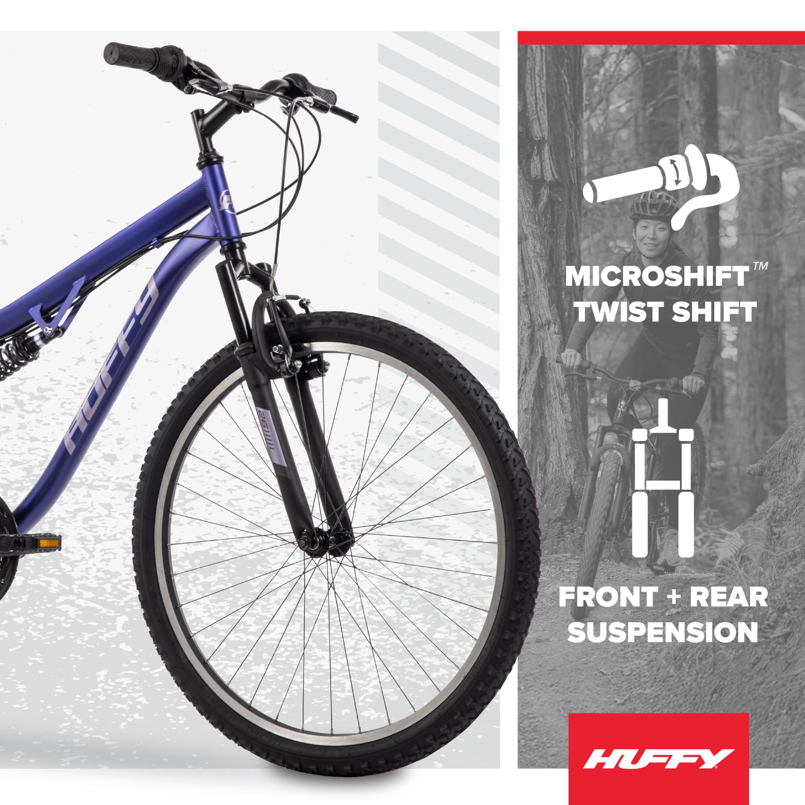 Huffy Stone Mountain Womens 26 Inch Mountain Bike, Midnight Purple Frame, 21-Speed Shimano Twist Shifting, Dual Suspension, Comfort Saddle | 20"/24"/26" Sizes, 6-21 Speeds, Dual Suspension Available |
