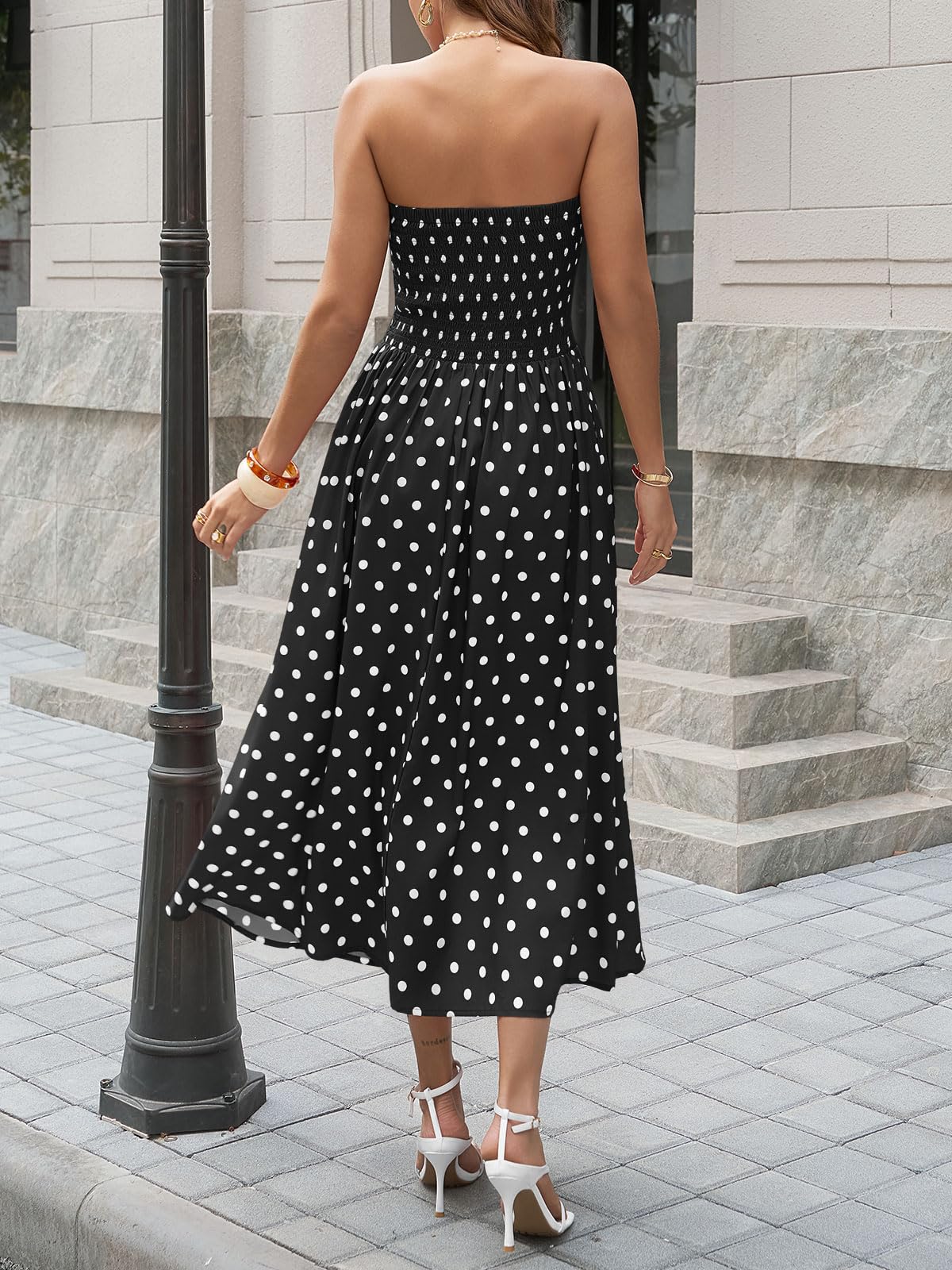 Wenrine Womens Polka Dot Strapless Dress Summer Smocked Tube Top Casual Sleeveless Swing Flowy Maxi Dresses with Pockets
