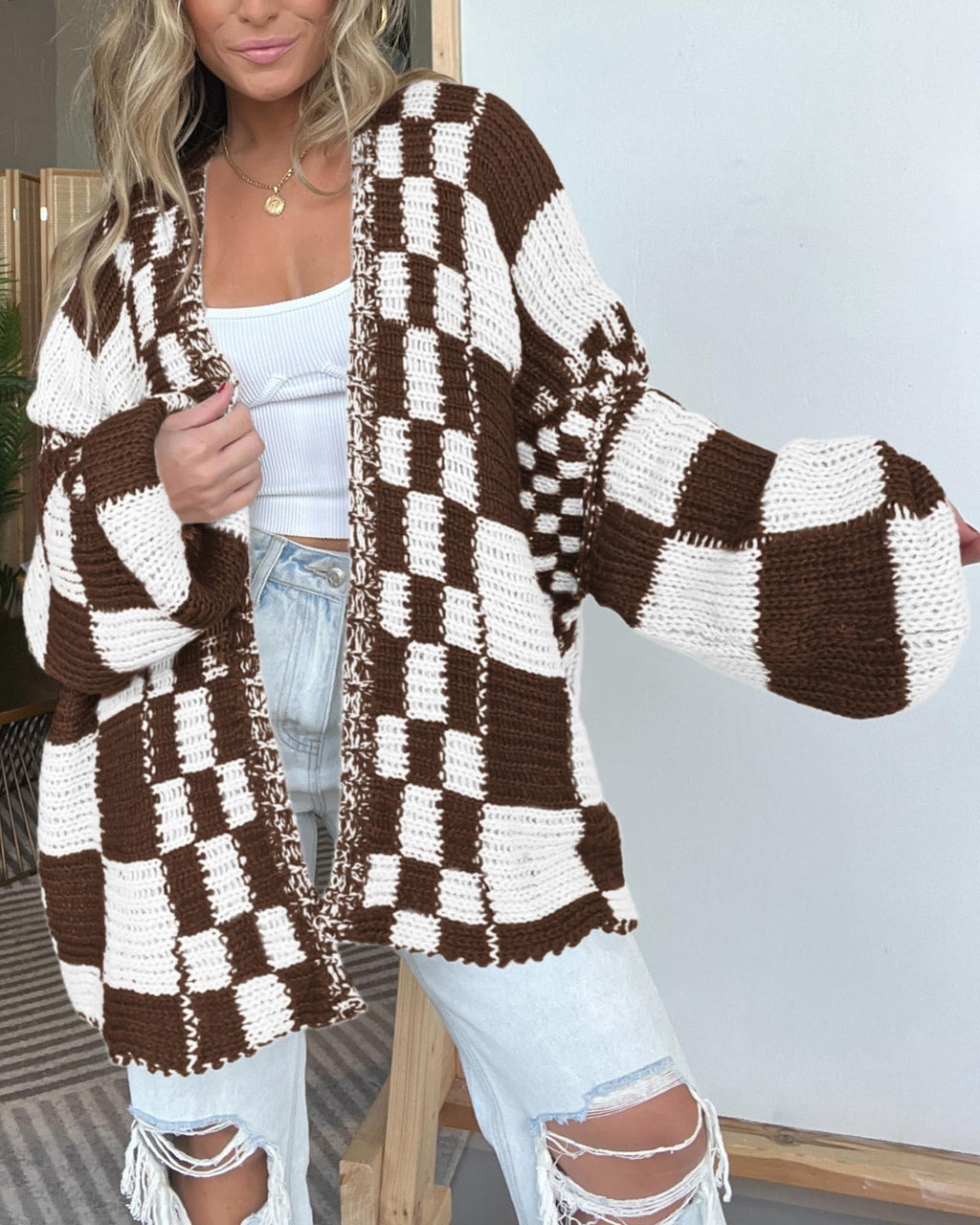 BTFBM Casual Cardigan Sweater for Women Fall 2025 Long Sleeve Open Front Chunky Knit Sweaters Checkered Outwear Coat(Brown,Small)