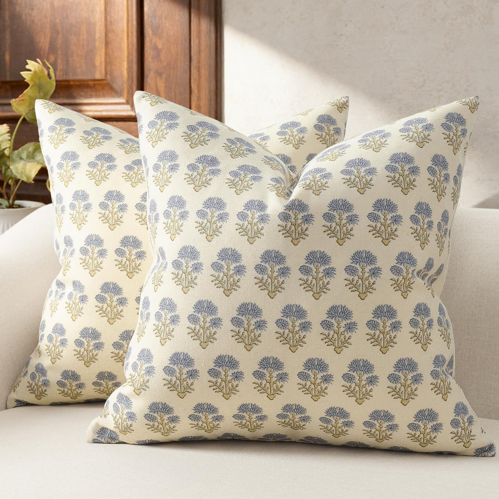 DKwizme Farmhouse Floral Pillow Covers 18x18 Set of 2, Country Botanical Throw Pillow Cover for Sofa Couch Bed Living Room, Rustic Vintage Flower Cushion Covers Cottage Home Decor,Blue Mustard