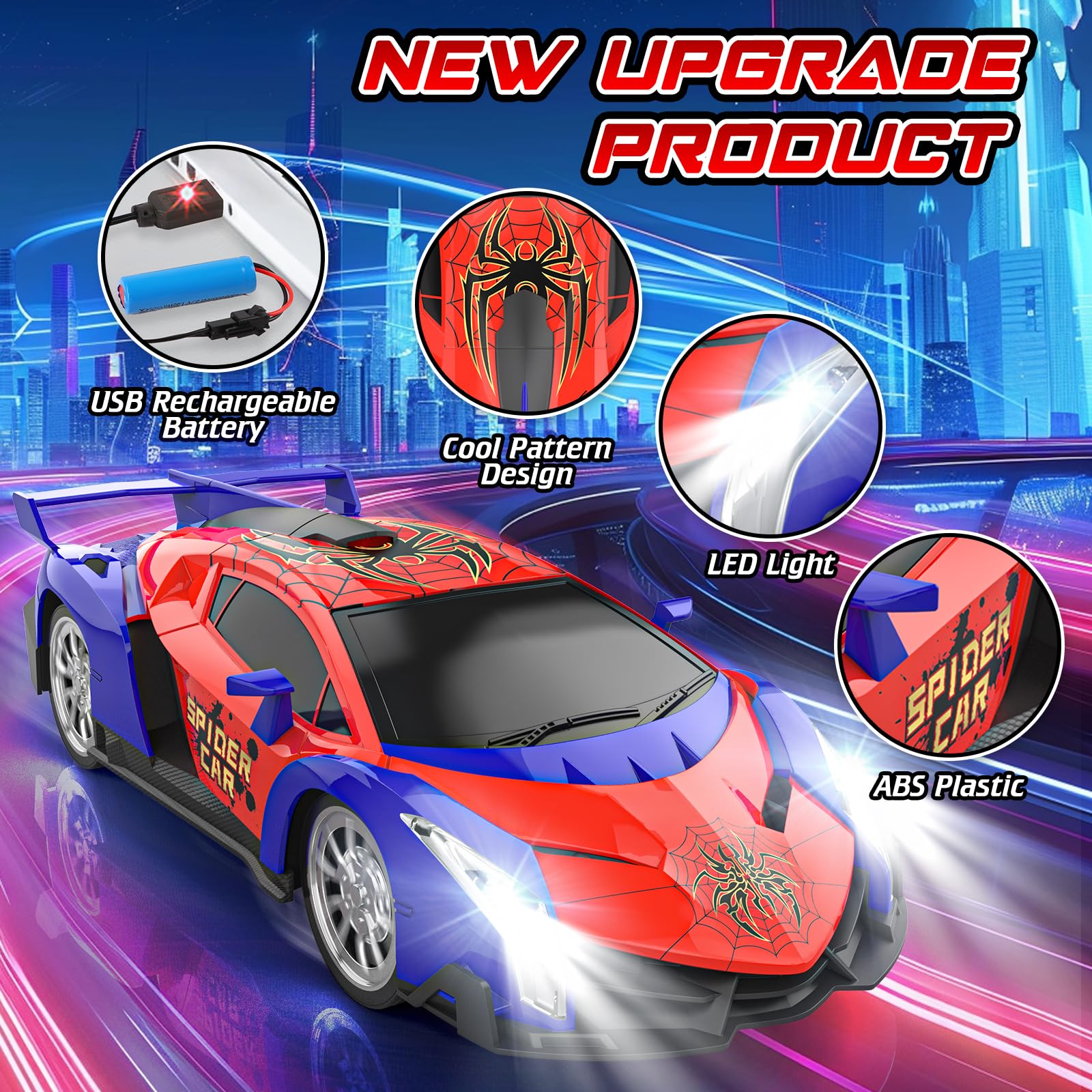 Growsland Remote Control Car, 2.4Ghz Rc Cars for Boys 4-7 8-12, Electric Kids Toys for Kids with Cool LED Lights, Rechargeable Hobby Race Cars Toys for Boys Girls Ages 4-6 5-7 6-8 8-12 Birthday Gift