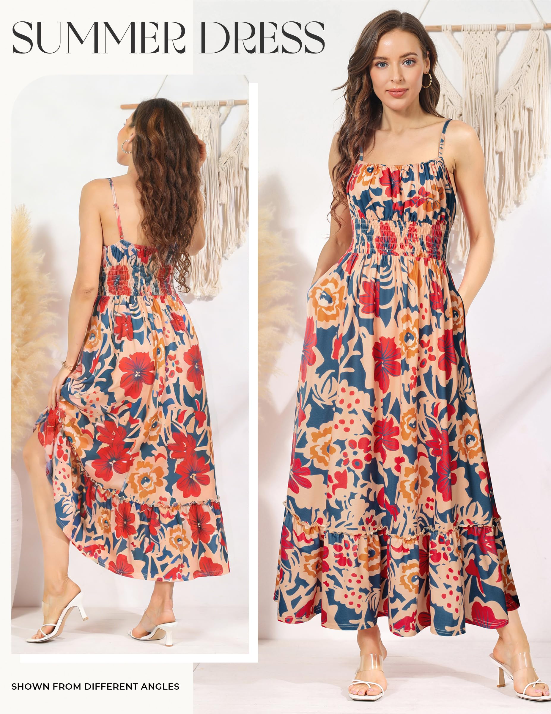 GRACE KARIN Summer Dresses for Women 2026 Vacation,Smocked Floral Maxi Dresses,Boho Beach Long Sundress Navy Brown XL