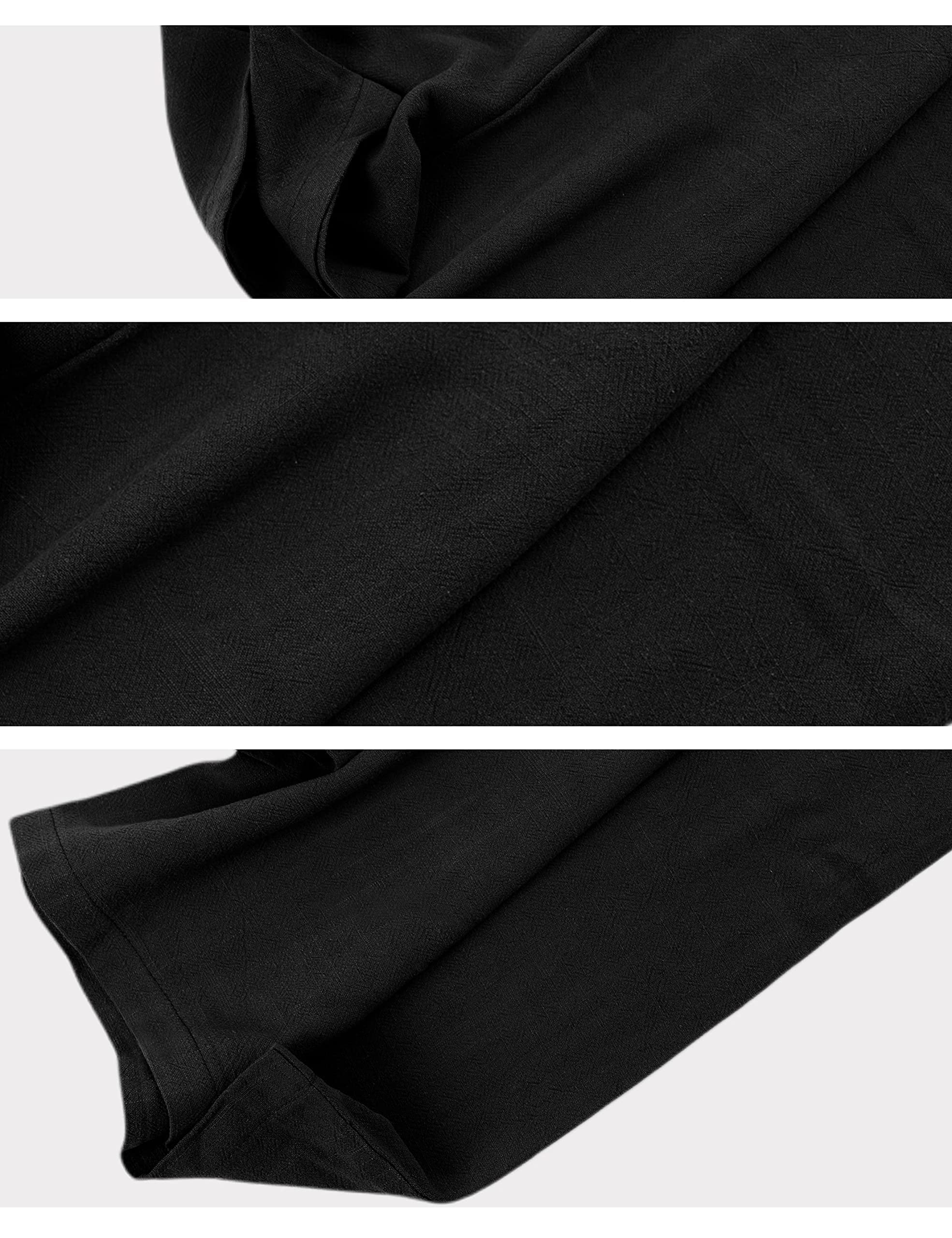 Hooever Womens Cotton Linen Pants Casual Button Up High Waisted Wide Leg Trousers(Black-Large01)
