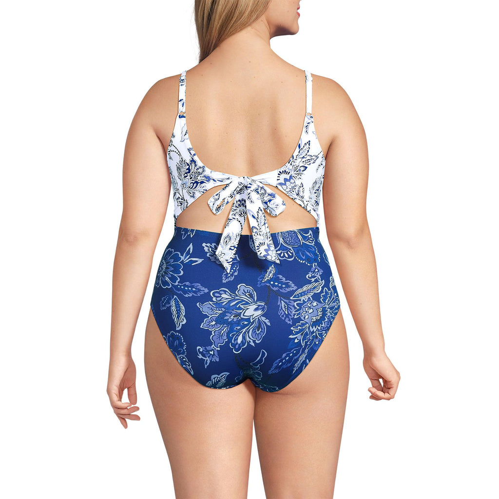Lands' End Women's Wrap Monokini High Leg One Piece Swimsuit 0 White/Blue Vintage Floral Mix