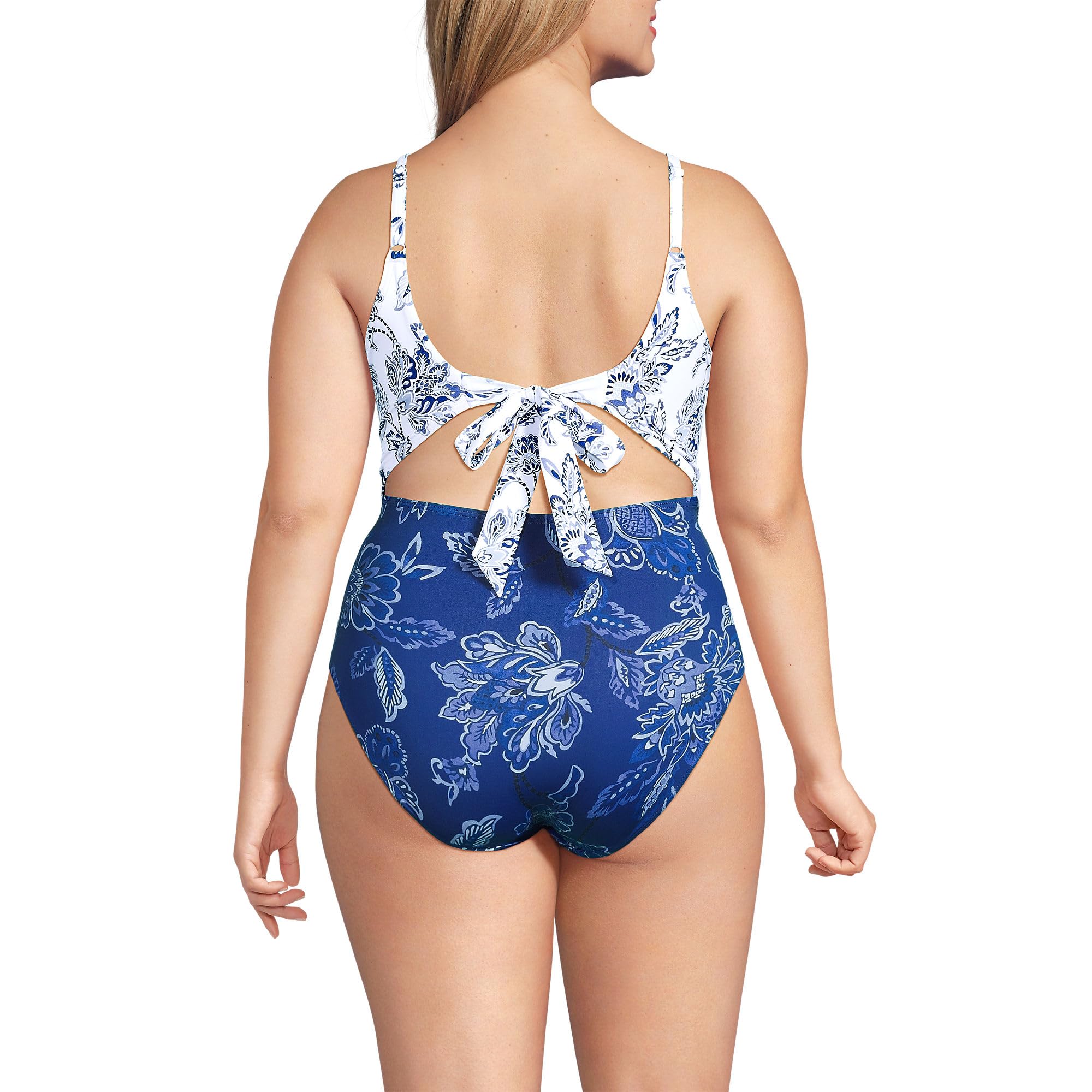 Lands' End Women's Wrap Monokini High Leg One Piece Swimsuit 0 White/Blue Vintage Floral Mix