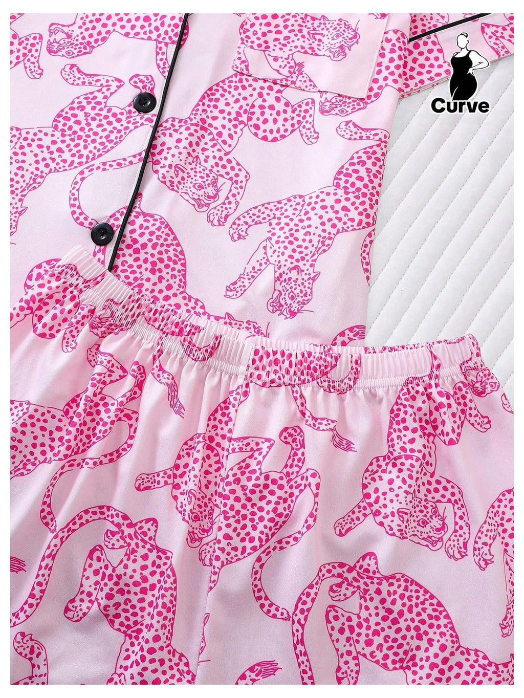 WDIRARA Women's Two Piece Animal Print Short Sleeve Button Shirt and Elastic Waist Shorts Pajama Set Hot Pink Medium