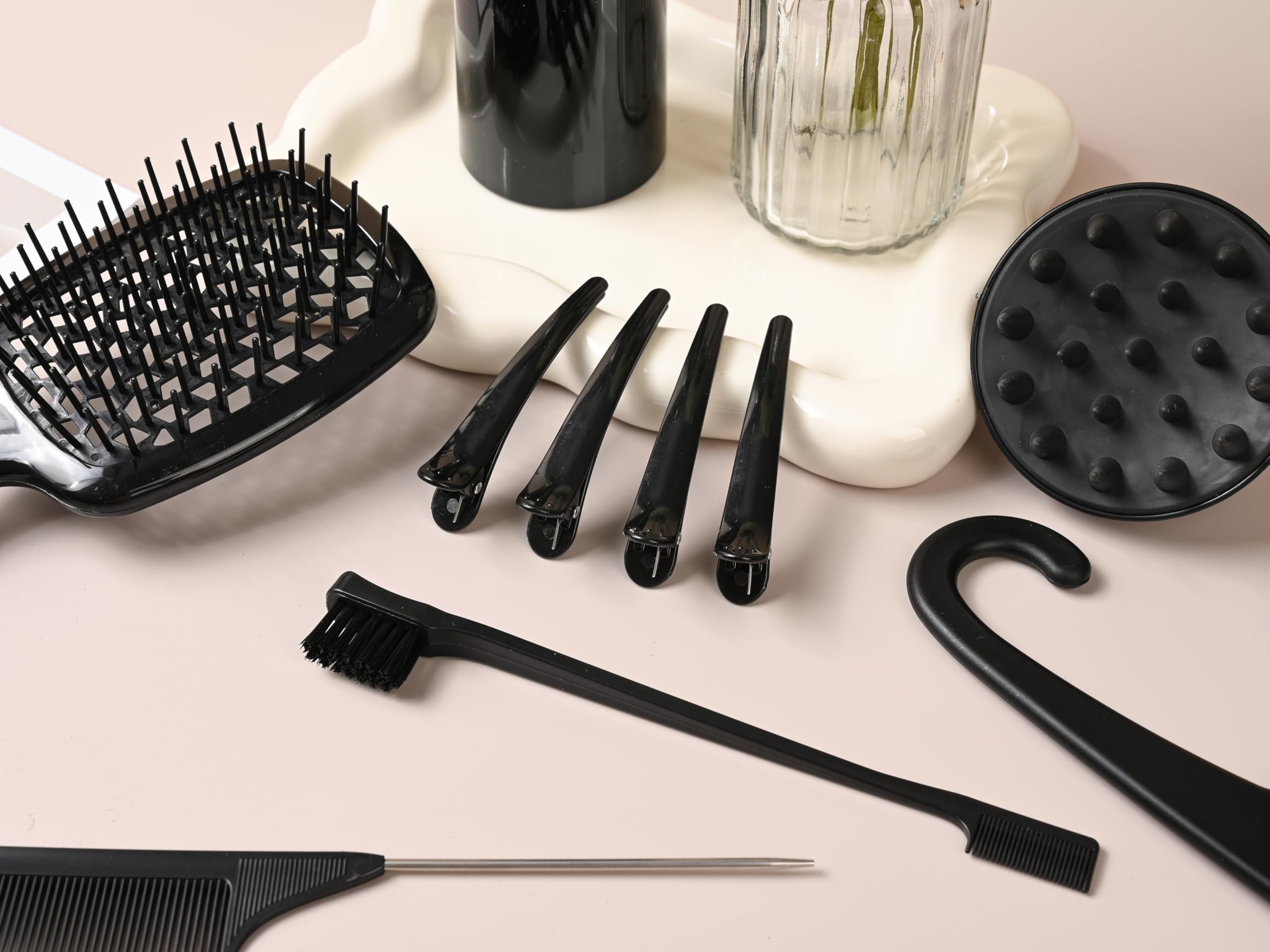 12 Pcs Hair Styling Brush Set with Detangler, Teasing, Rat Tail, Edge Brushes and Baby Hair Brushes - Soft Bristles for Baby Girls and Women (Black)
