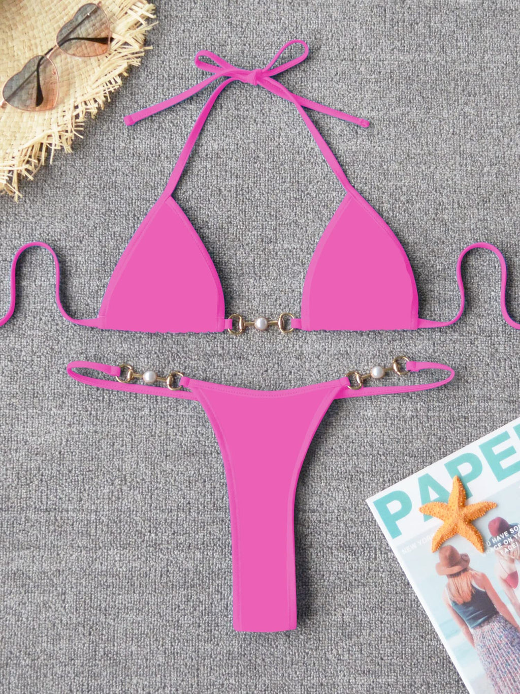 TASHEHE Women's Triangle Thong Bikini Set Sexy Brazillian Two Piece Swimsuit String Bathing Suit - Solid Pink - Small