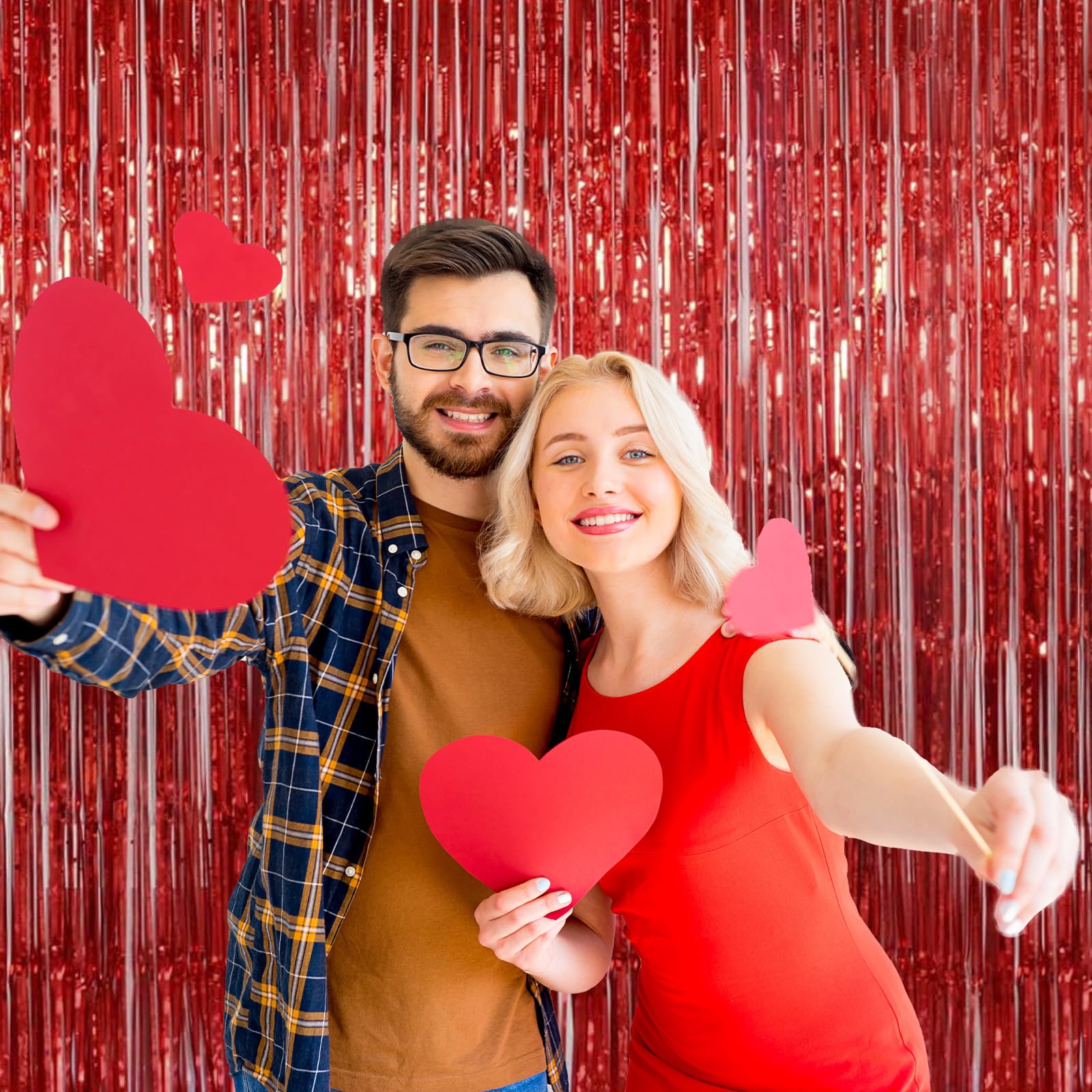 Valentines Day Decorations, Red Foil Fringe Curtain, Melsan 3.2 x 8 ft Metallic Tinsel Curtains Streamer Backdrop for Birthday, Anniversary, Valentine's Day Party Decor - Pack of 2
