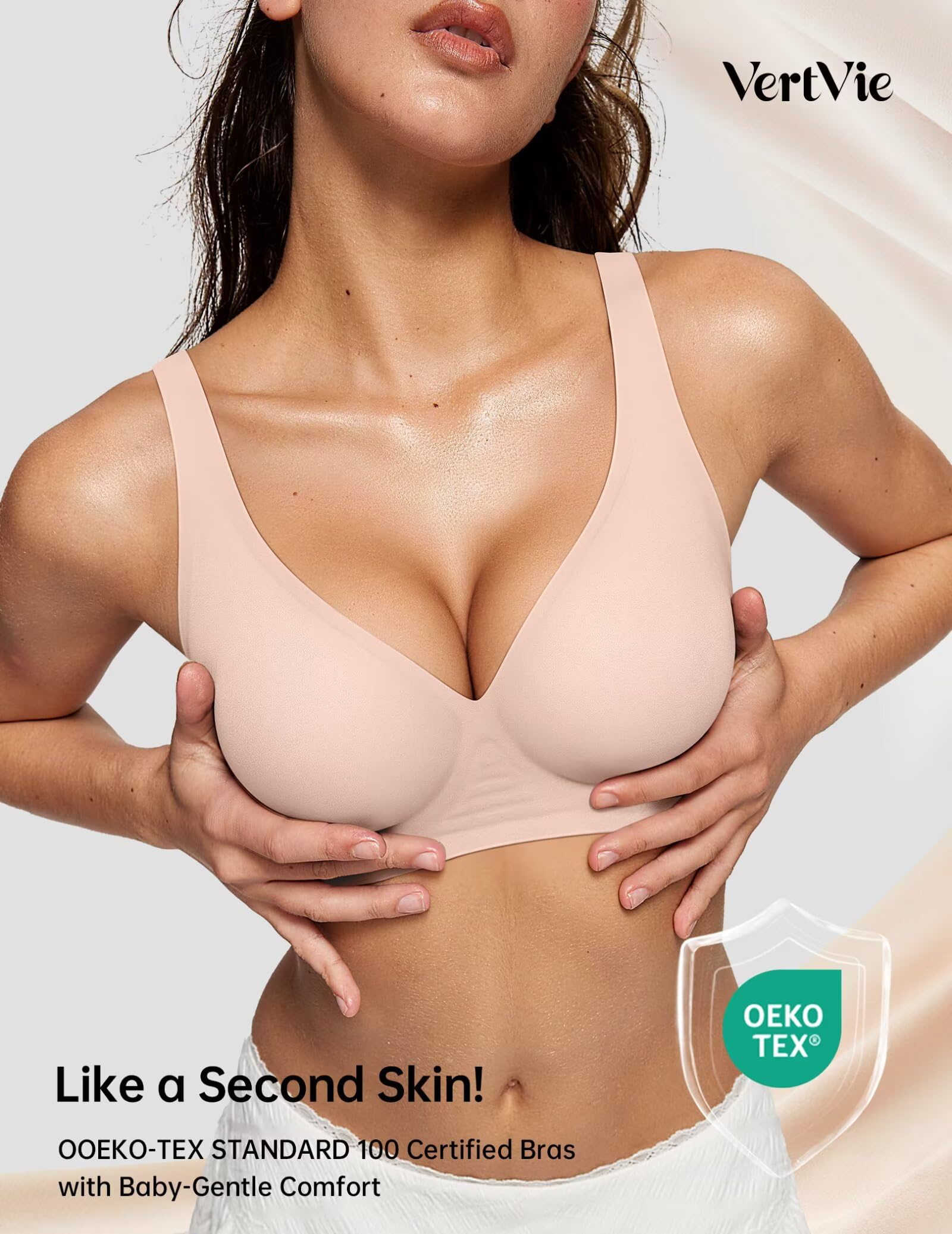 Vertvie Jelly Wireless Bras for Women Push Up Plunge Seamless T-Shirt Bras No Underwire Supportive Full Coverage Bralettes(Skin Color,Large)