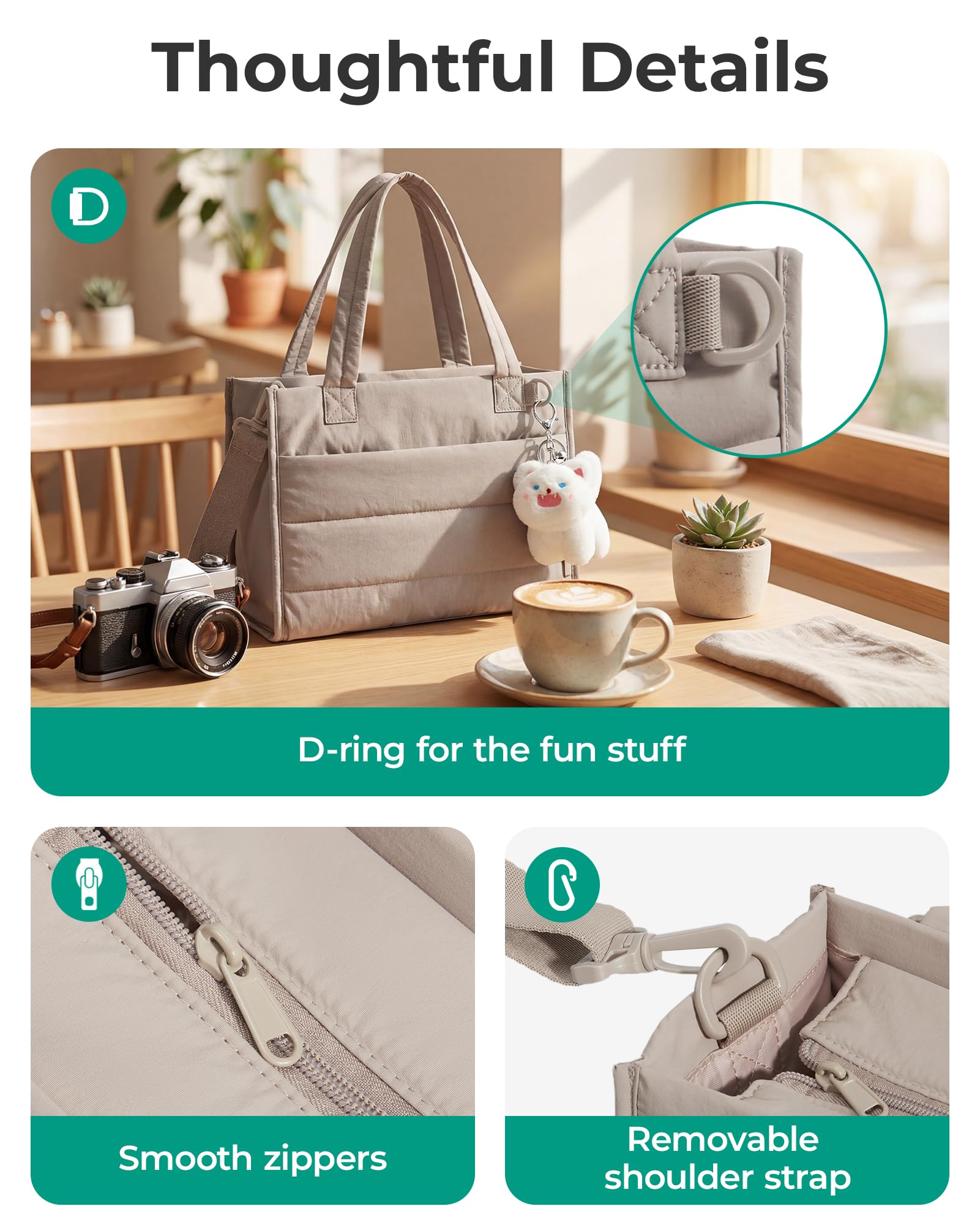 BAGSMART Mini Tote Bag for Women, Puffer Quilted Crossbody Purses, Zipper Closure for Work Travel College, Coffee