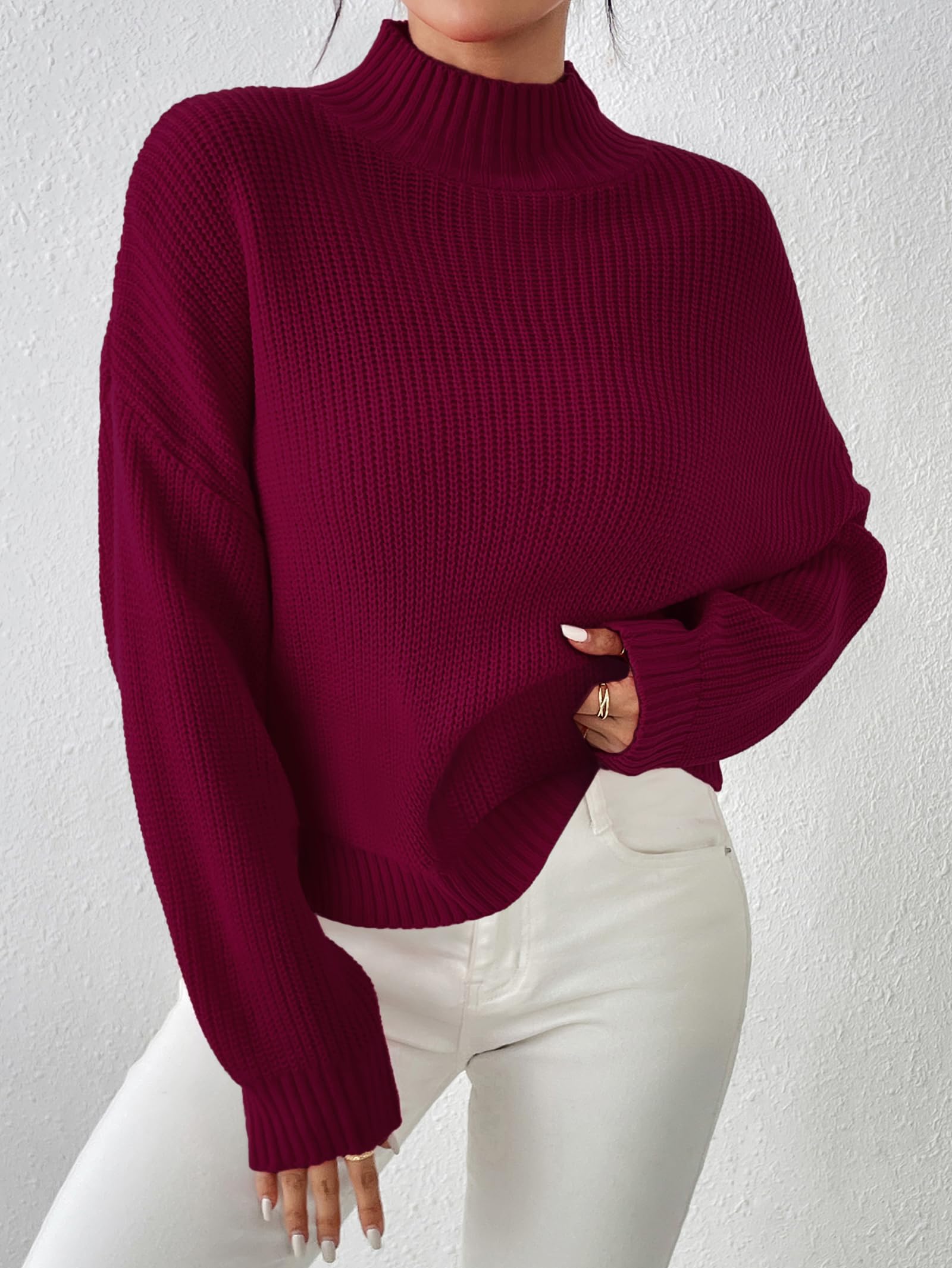 SunnyMelody Womens Cropped Turtleneck Sweater Fall Winter Spring 2025 Trendy Cute Mock Turtle Neck Cozy Soft Ribbed Knit Lightweight Long Sleeve Crop Knitted Pullover Sweaters Jumper Ancora Red S