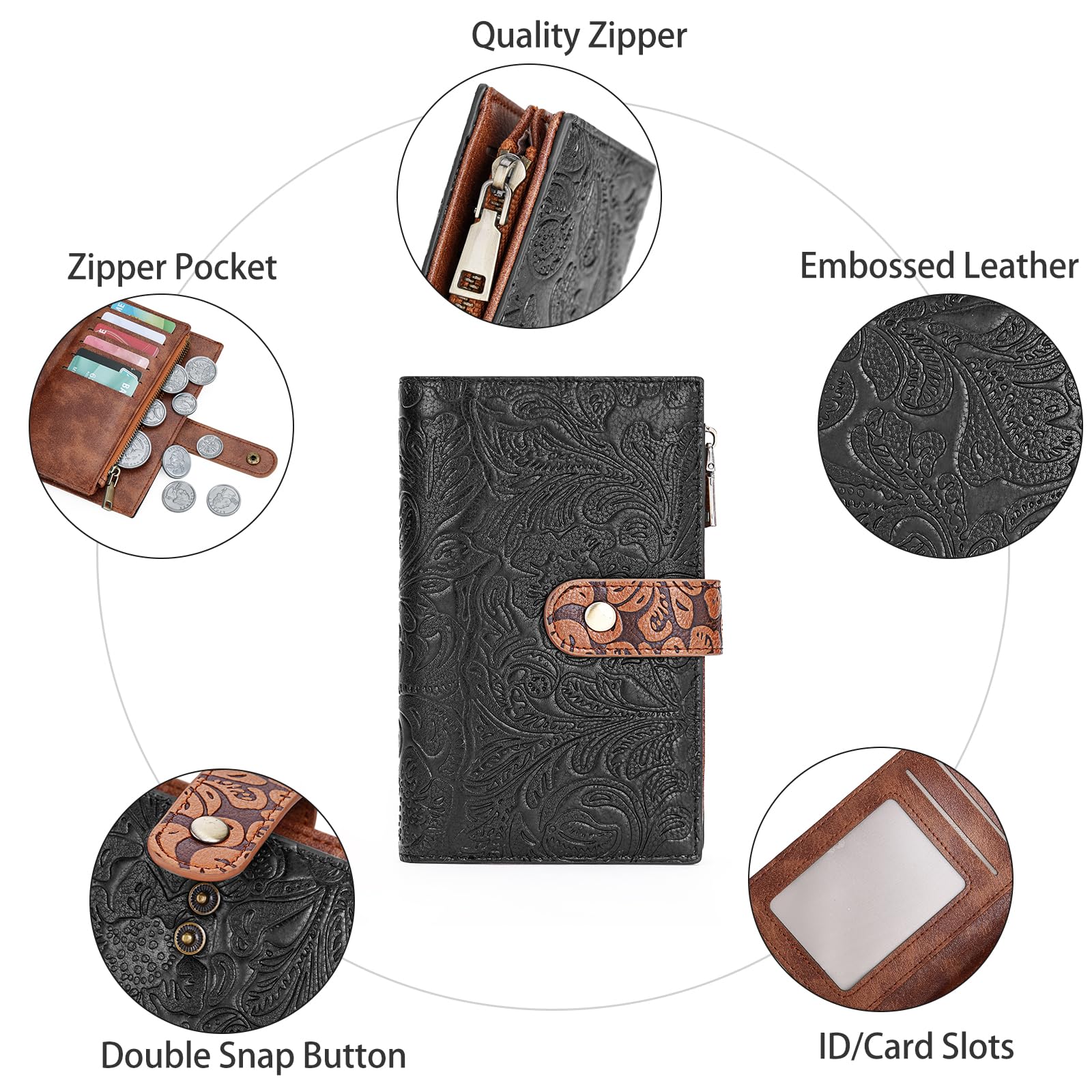 GOIACII Women's Wallet RFID Blocking Trifold Ladies Travel Wallet Purse with Coin Zipper Pocket Black & Brown