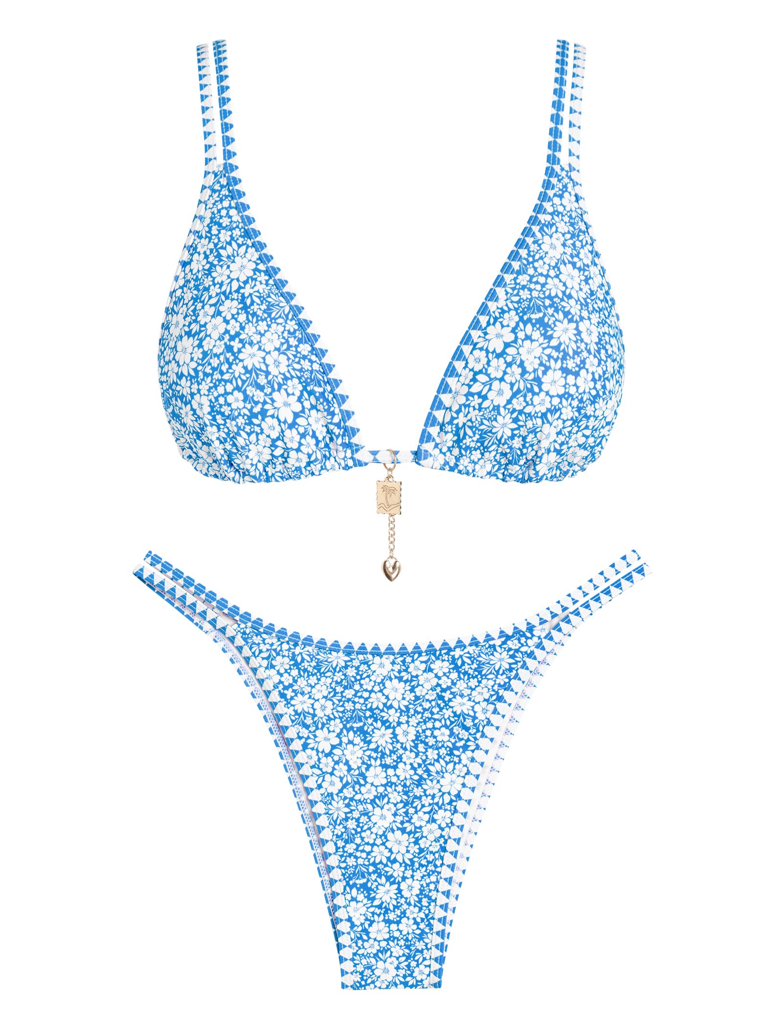 ZAFUL Women's Floral Bikini Set Color Block Double Spaghetti Strap High Cut Swimsuit Two Piece Bathing Suits(1-Blue, S)