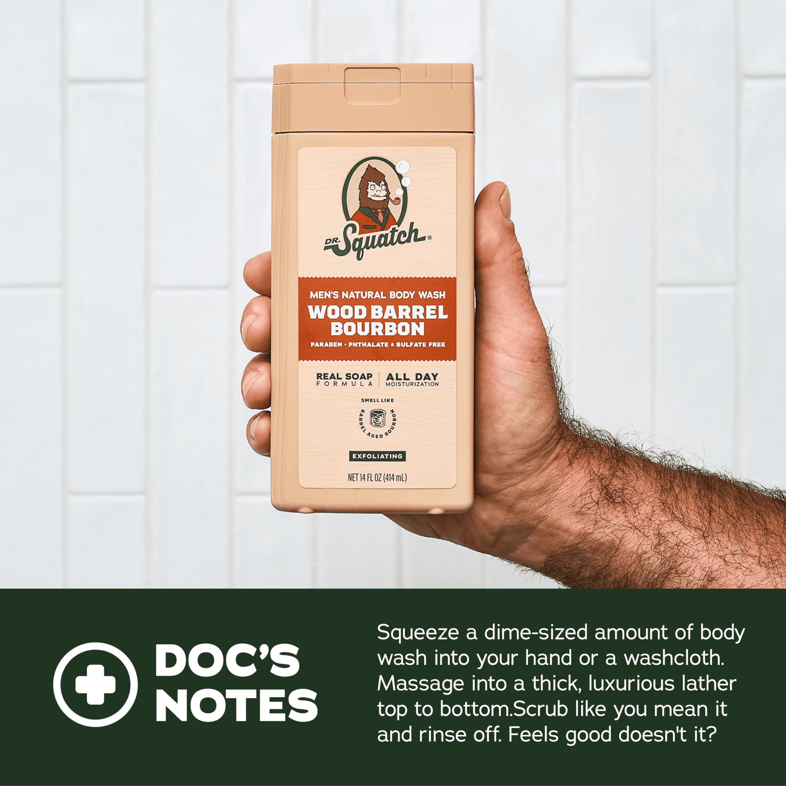 Dr. Squatch Natural Men's Body Wash Shower Gel - Cleansing, Nourishing, Long Lasting Scent, Moisturizing Body Wash for Men - Pine Tar + Wood Barrel Bourbon (14 oz, 2-Pack)