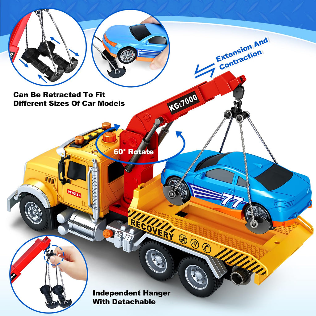 Kids Toys for 3 4 5 6 7 Years Old Boys, 15" Large Tow Truck Toy, Friction Powered Transport Truck Crane Vehicle Toy with Lights and Sounds, Racing Car, Traffic Signs, Birthday Gifts for Boys Girls